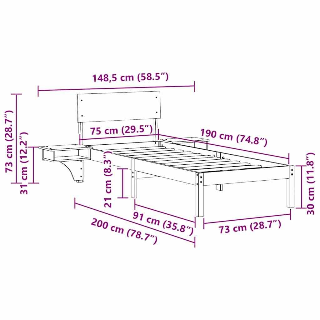 vidaXL Bettrahmen mit Kopfteil Weiß 75 x 190 cm Massives Kiefernholz