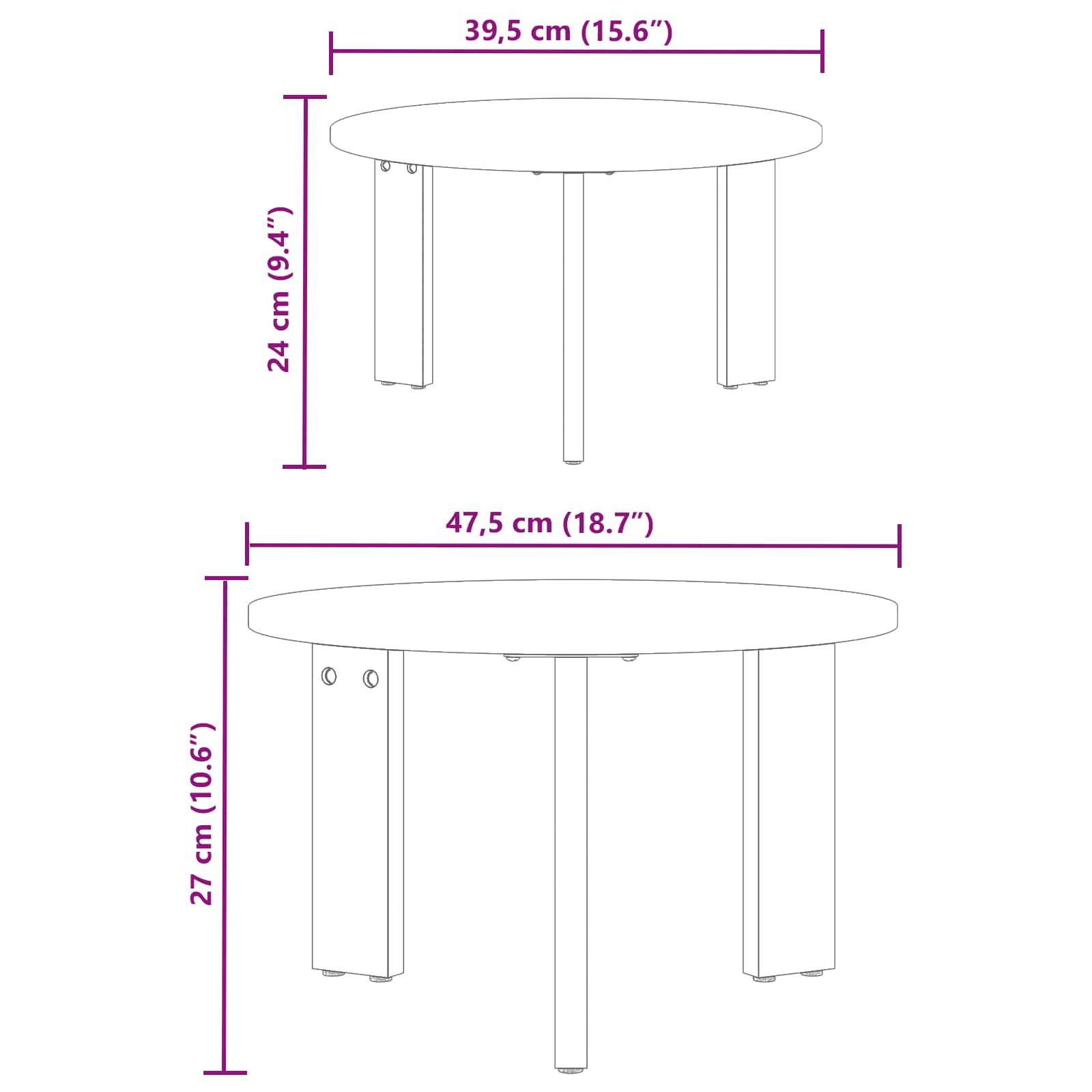 Diagramm von zwei runden Tischen mit Maßangaben. Oberer Tisch: 39,5 cm Durchmesser, 24 cm Höhe. Unterer Tisch: 47,5 cm Durchmesser, 27 cm Höhe.