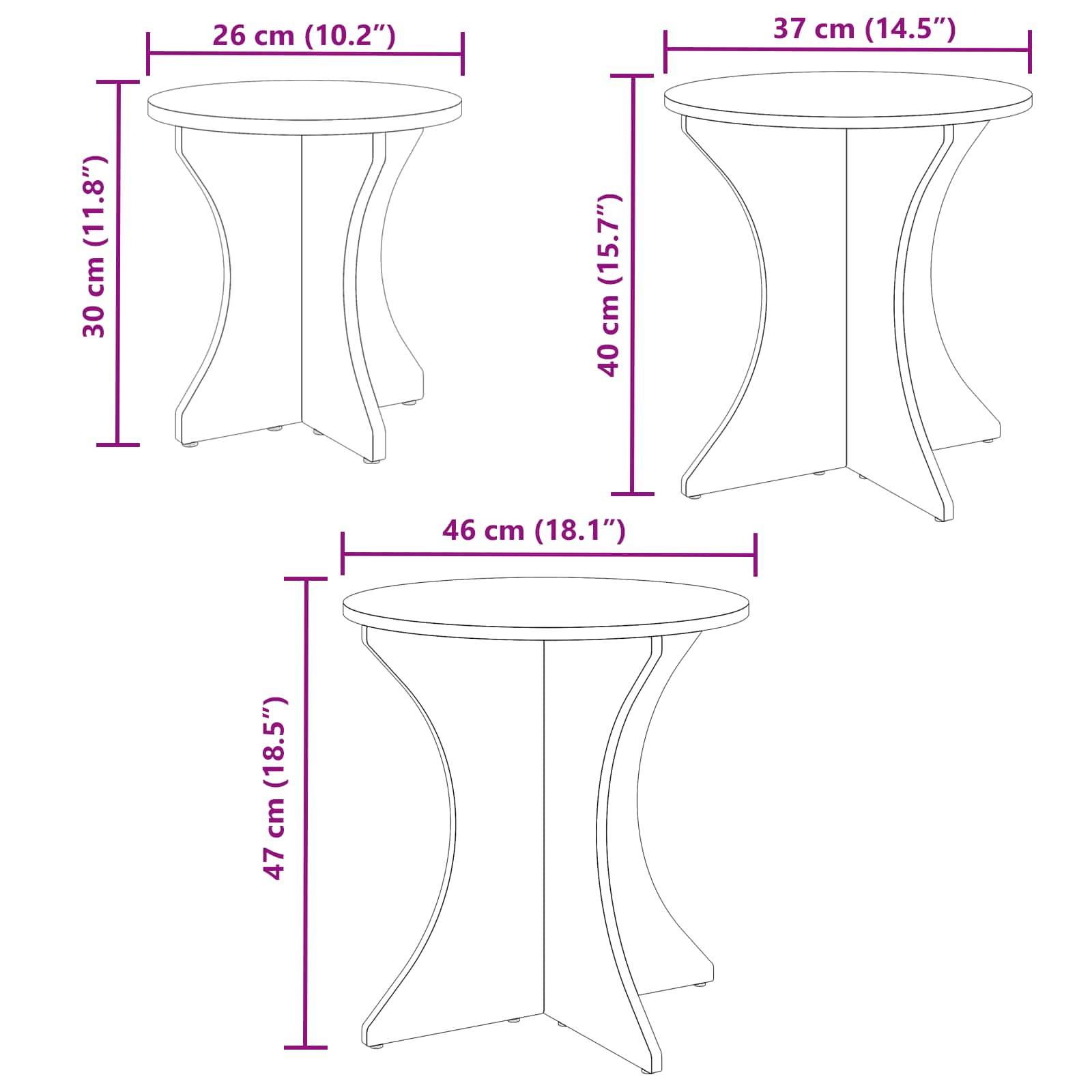 Drei runde Tische mit geschwungenen Beinen: klein (30 cm hoch, 26 cm Durchmesser), mittel (40 cm hoch, 37 cm Durchmesser), groß (47 cm hoch, 46 cm Durchmesser).