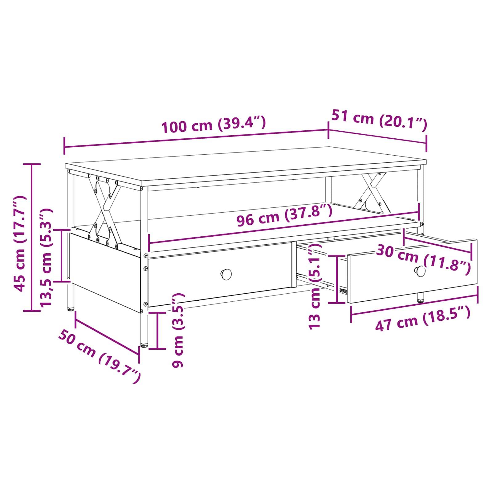 Diagramm eines rechteckigen Fernsehständers mit Abmessungen: 100 cm breit, 51 cm tief, 45 cm hoch. Enthält Schubladen: 96 cm breit, 30 cm tief.