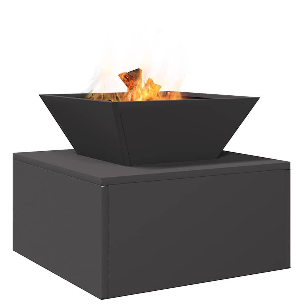 Ein moderner quadratischer Feuerbrenner mit einem schwarzen Metallsockel und einem lodernden Feuer oben, geeignet für den Außenbereich.