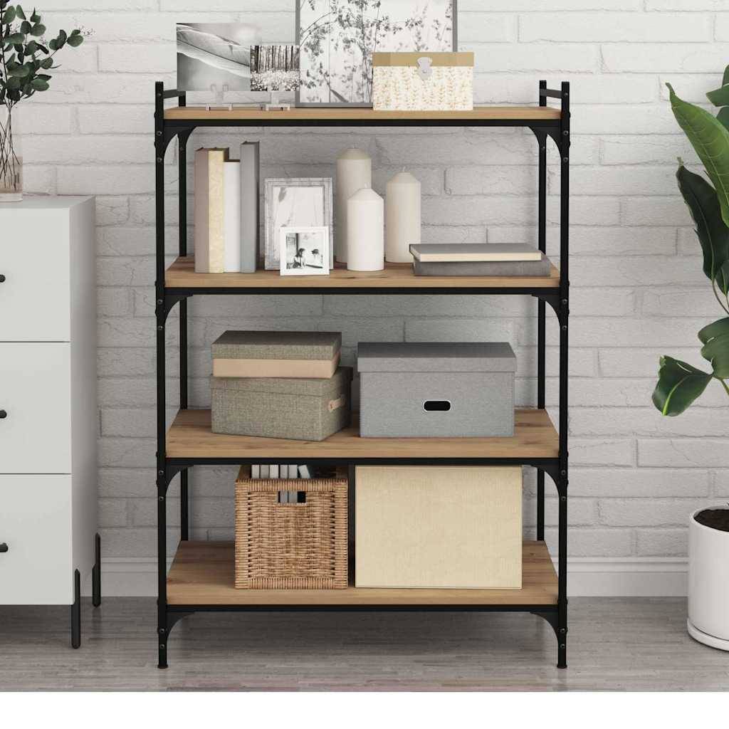 Eine schwarze Metall- und Holzregaleinheit mit verschiedenen dekorativen Boxen, Büchern und Vasen steht neben einer weißen Kommode gegen eine Backsteinmauer.
