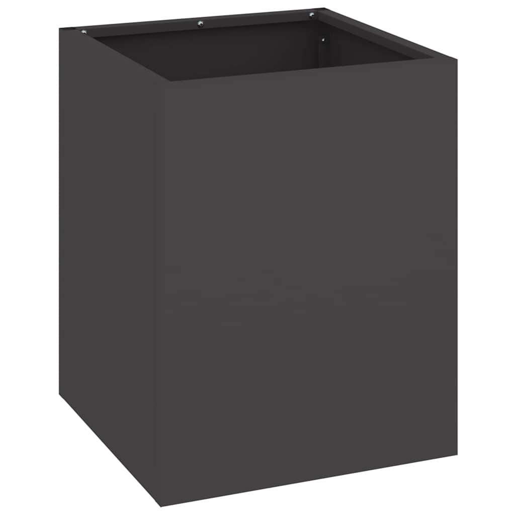 Ein schwarzer quadratischer Außenpflanzkübel mit minimalistischem Design, der eine große offene Oberseite für Pflanzen oder dekorative Zwecke aufweist.