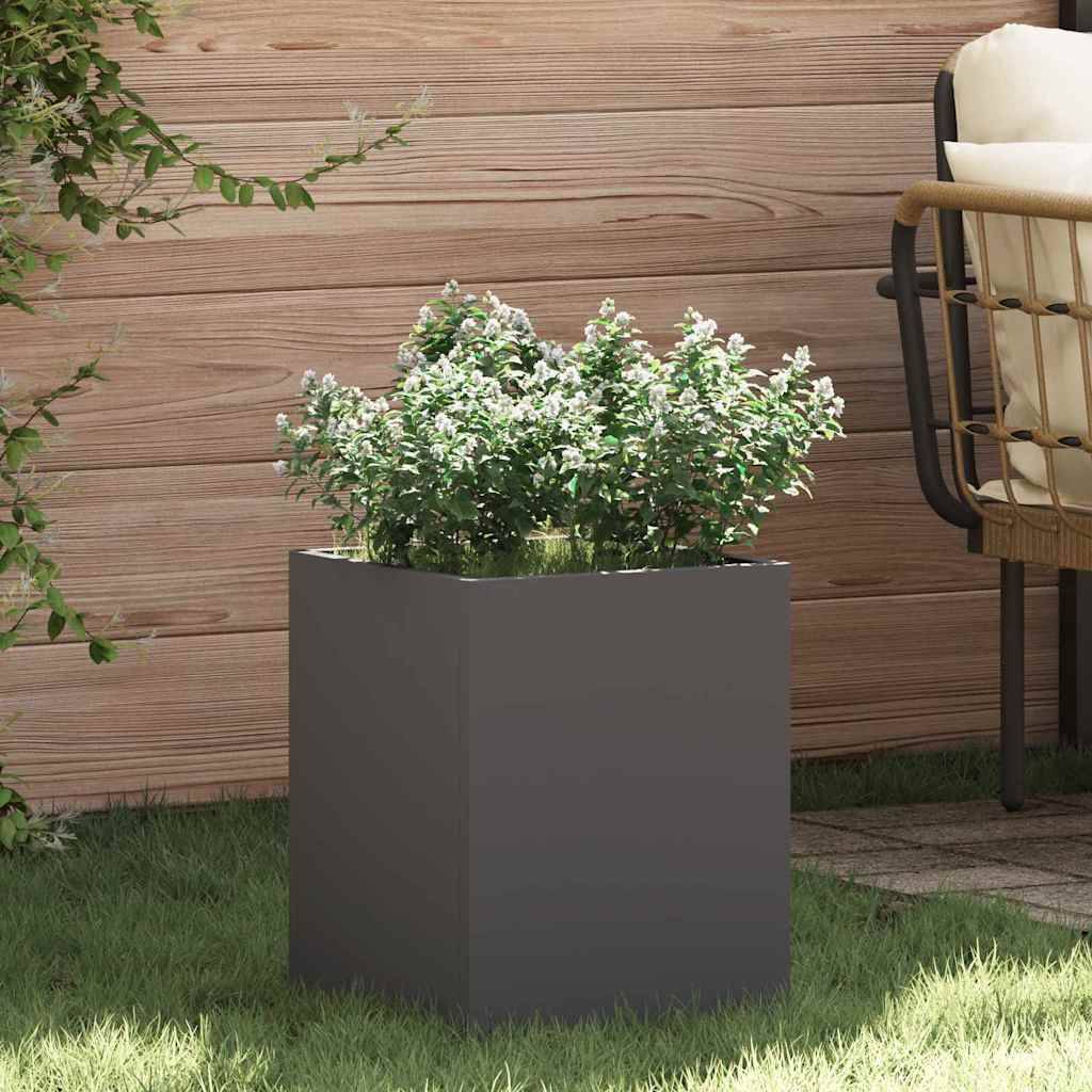 Eine kleine, belaubte Pflanze in einem modernen schwarzen quadratischen Pflanzgefäß steht auf einer Terrasse mit Holzzaun und einem teilweise sichtbaren Stuhl in der Nähe.