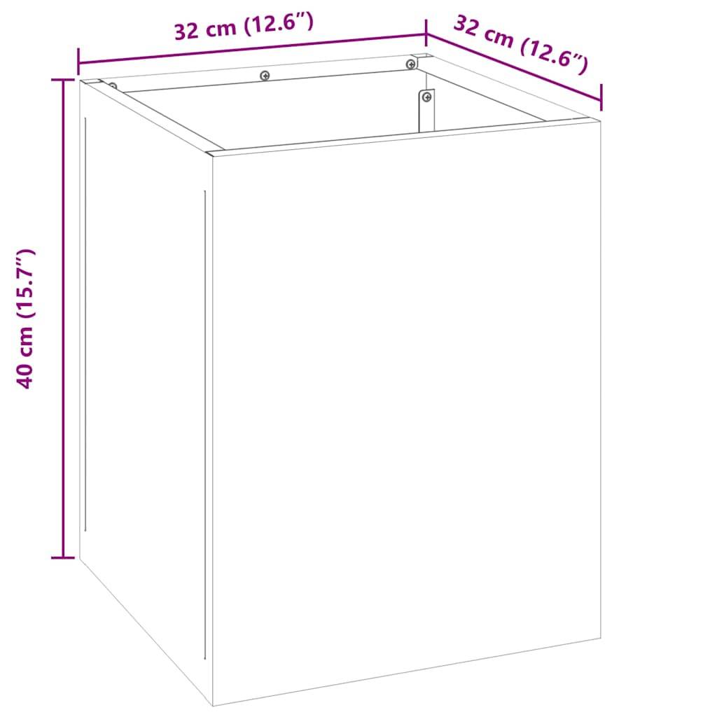 Diagramm einer rechteckigen Box mit Maßen: 32 cm (12,6 Zoll) x 32 cm (12,6 Zoll) x 40 cm (15,7 Zoll).