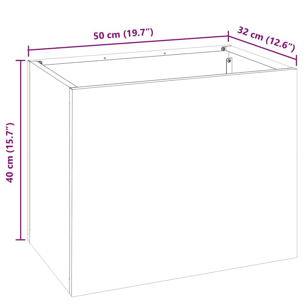Eine Linienzeichnung einer rechteckigen Box mit beschrifteten Abmessungen: 50 cm (19,7