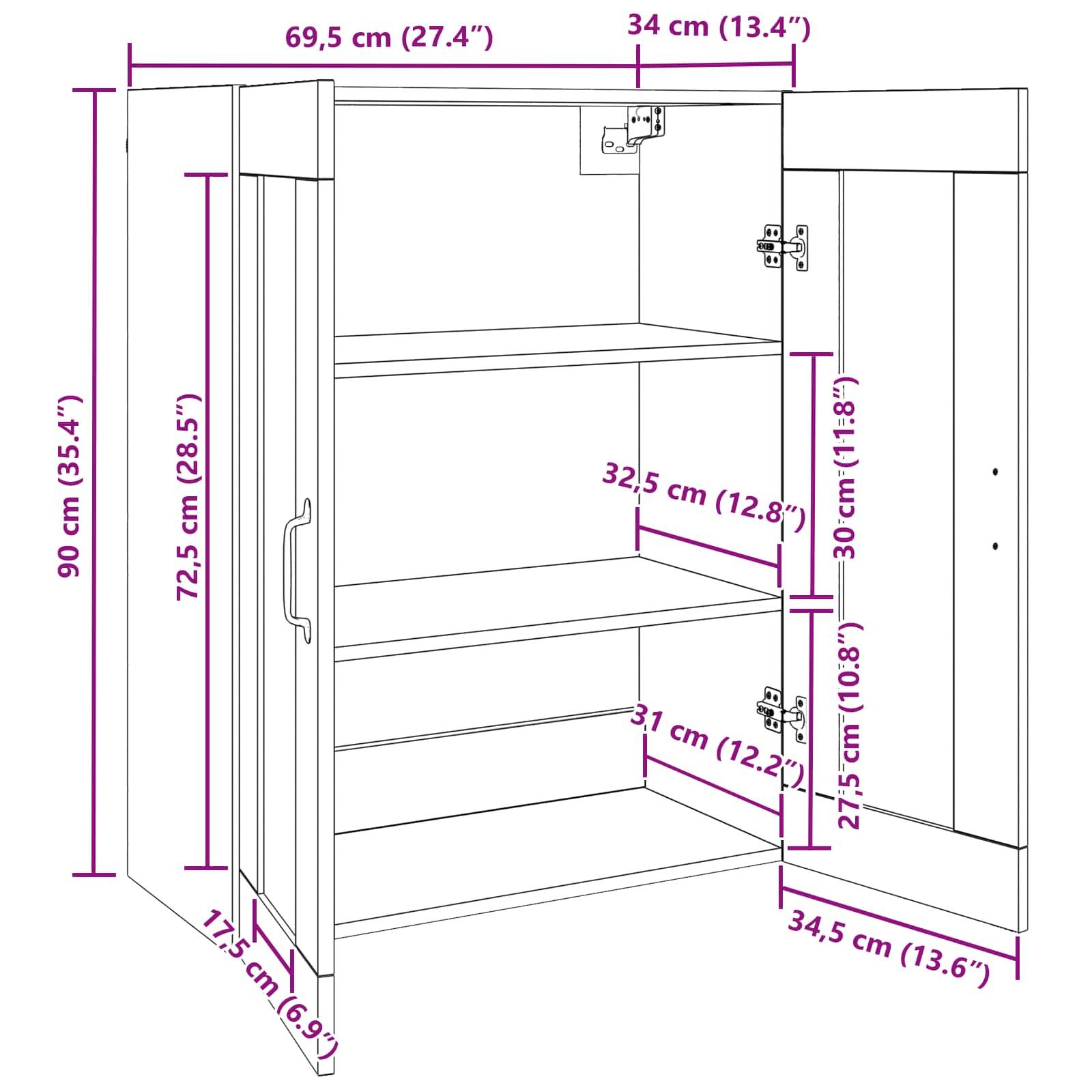 vidaXL Aufbewahrungsschrank Wandmontiert Altholz 69,5 x 34 x 90 cm