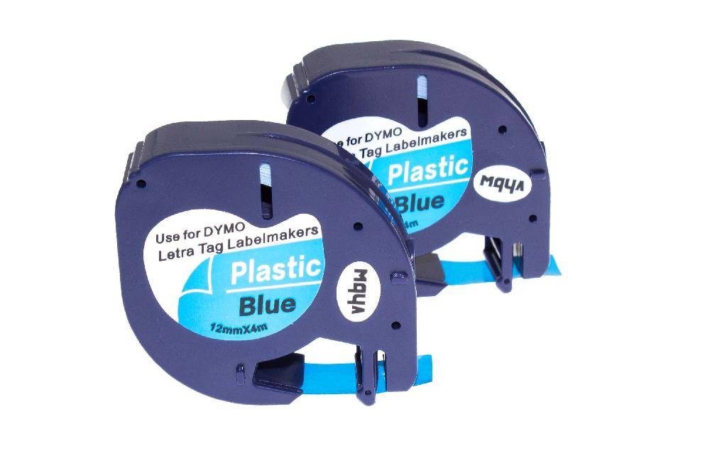 vhbw 2x Schriftband-Kassette kompatibel mit Dymo LetraTag QX50, XR, XM Etiketten-Drucker 4m x 12mm Schwarz auf Blau