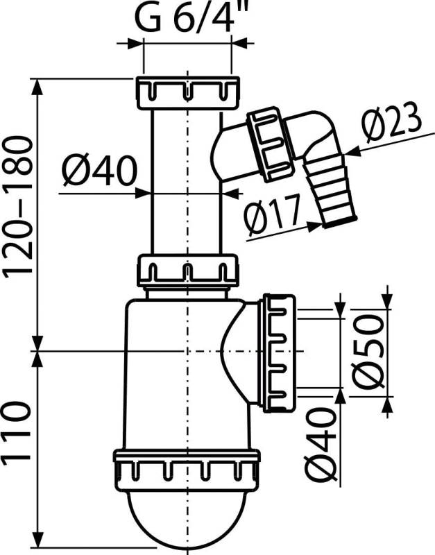 Alcadrain Spülbeckensiphon mit einer Überwurfmutter 6/4" und einem Geräteanschluss