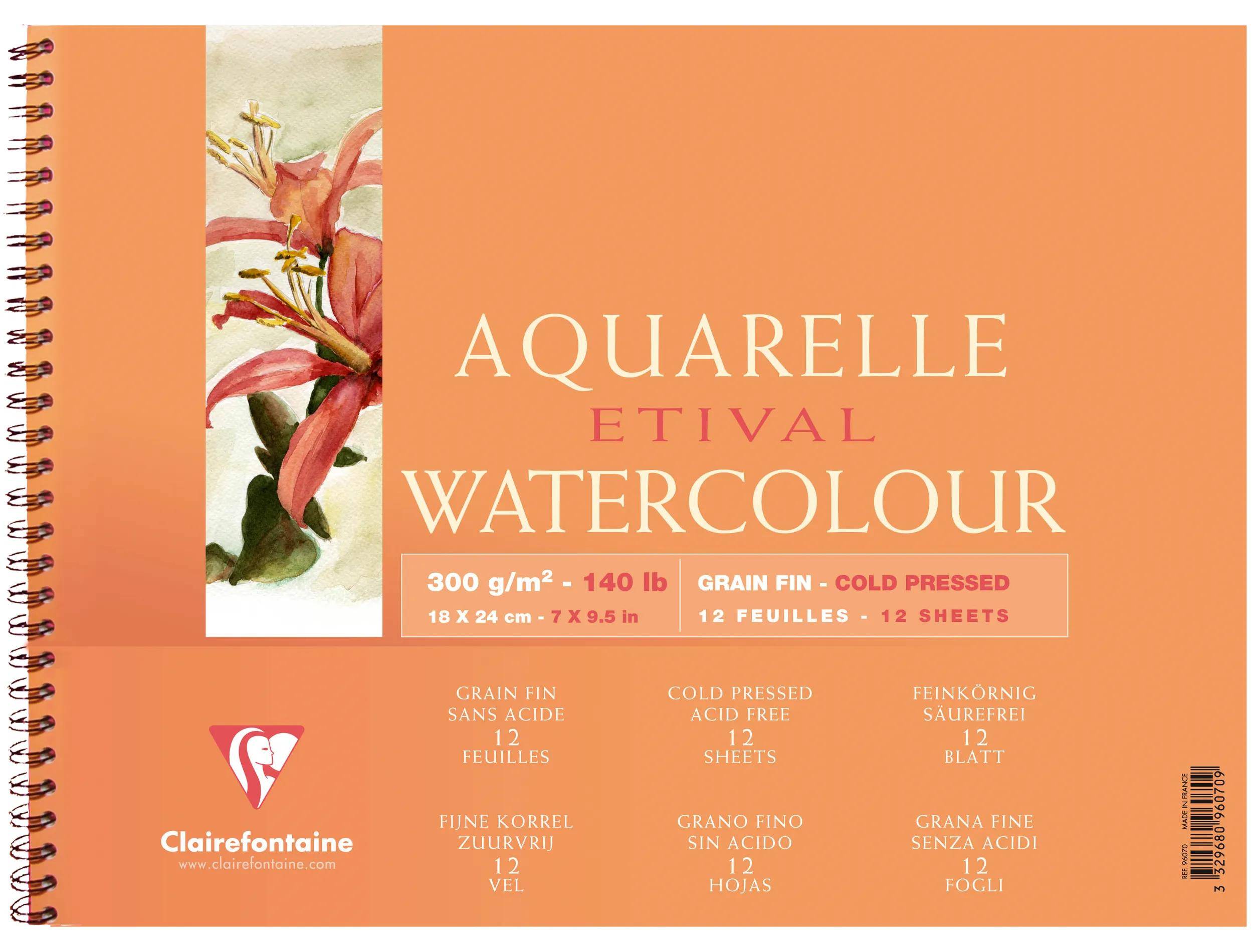 Orangefarbener Clairefontaine-Aquarellpapierblock mit Blumenmalerei und Text „AQUARELLE ETIVAL WATERCOLOUR