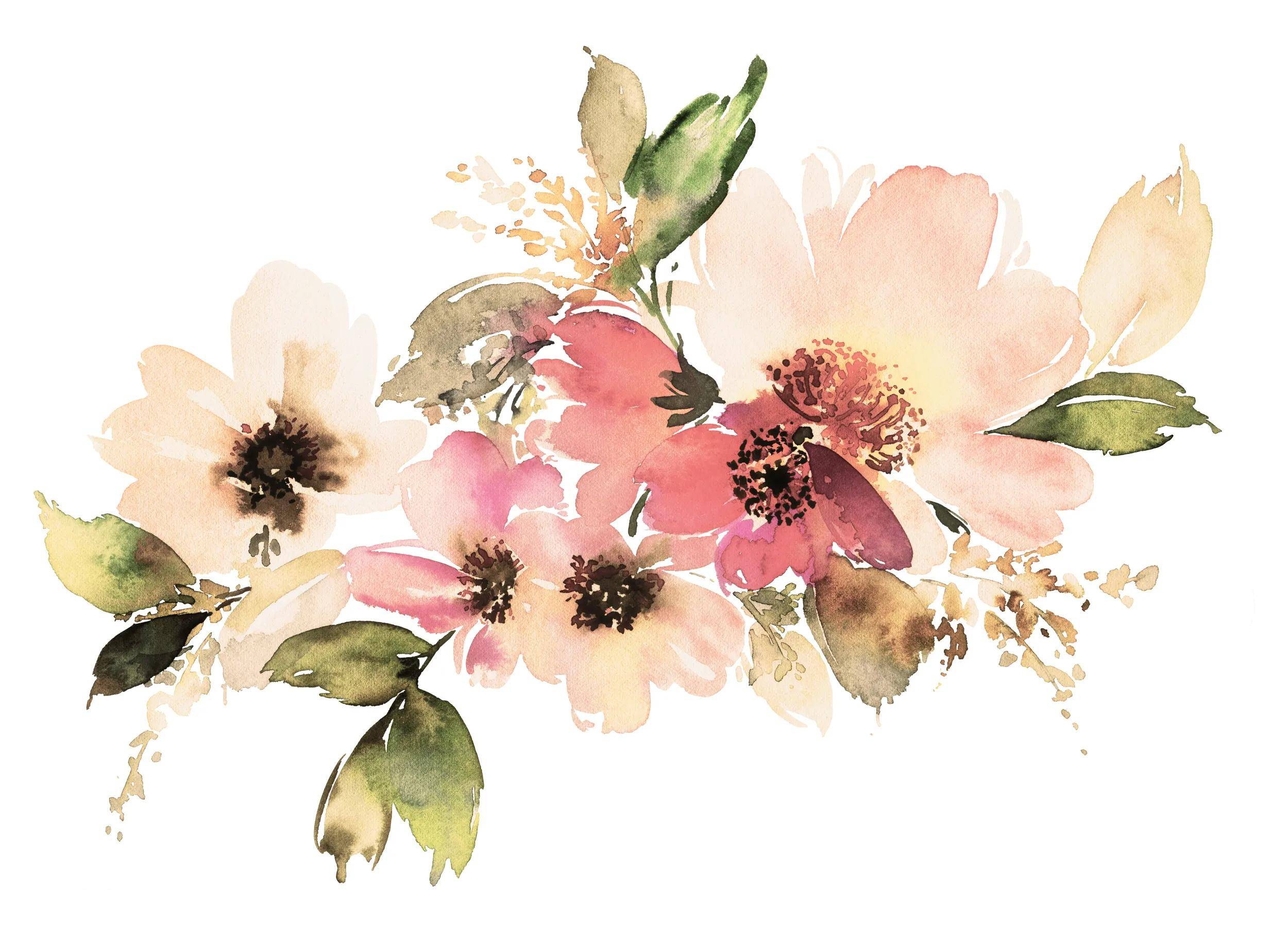 Aquarellblumig Arrangement mit zarten rosa, pfirsichfarbenen und cremefarbenen Blüten mit grünen Blättern auf weißem Untergrund.