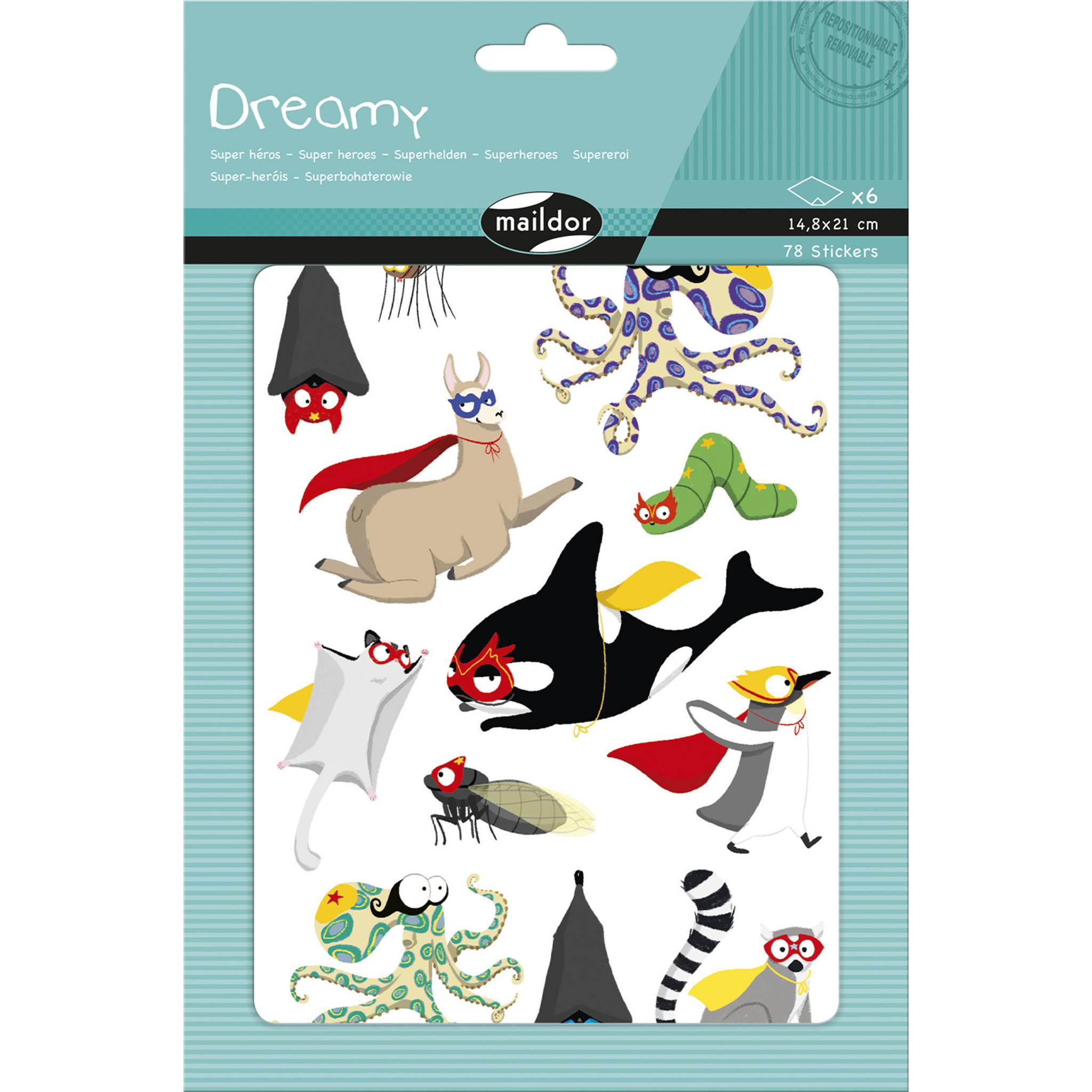 Maildor 10x 6 Stickerbogen 14,8x21cm, Superhelden Tiere Mehrfarbig AE237C