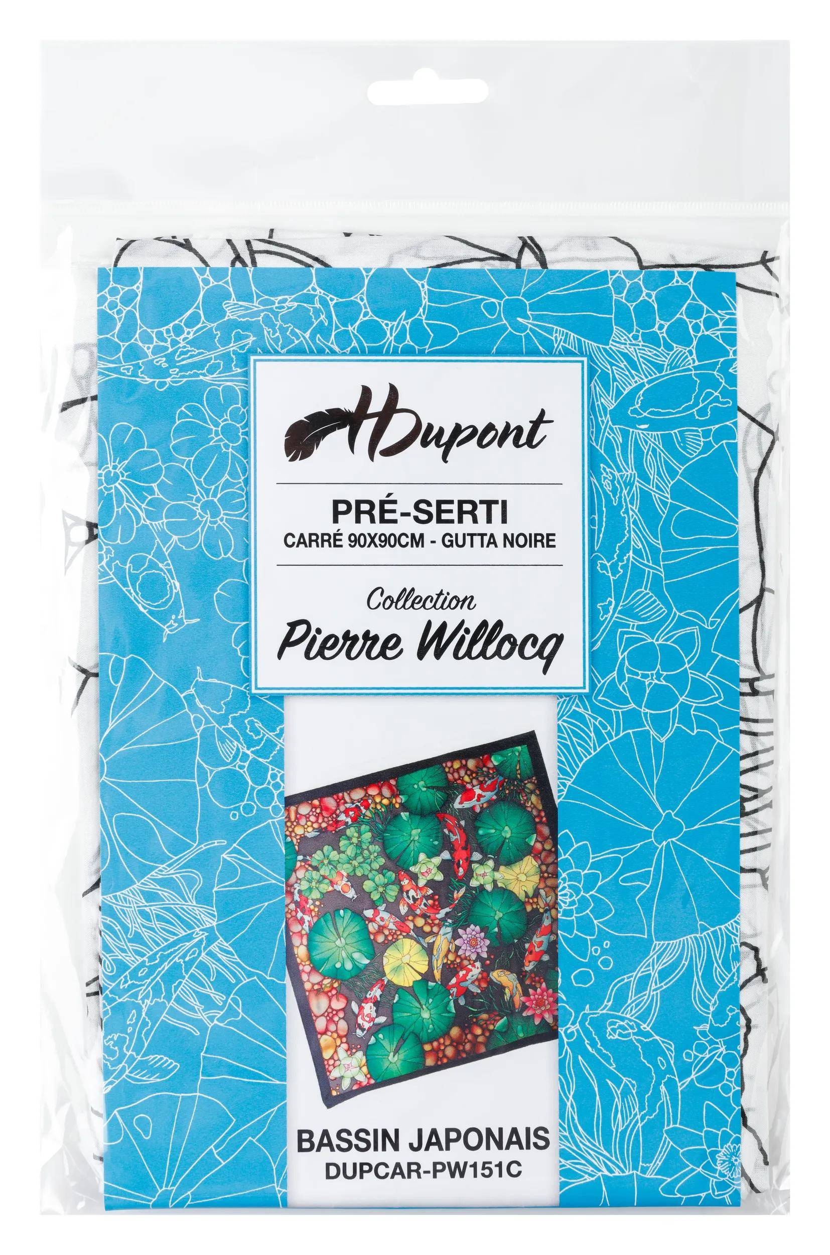 PRE-SERTI CARRE 90X90CM - GUTTA NOIRE Kollektion Pierre Willocq' auf einer Verpackung mit Blumenmuster mit farbenfrohem Stoff angezeigt.