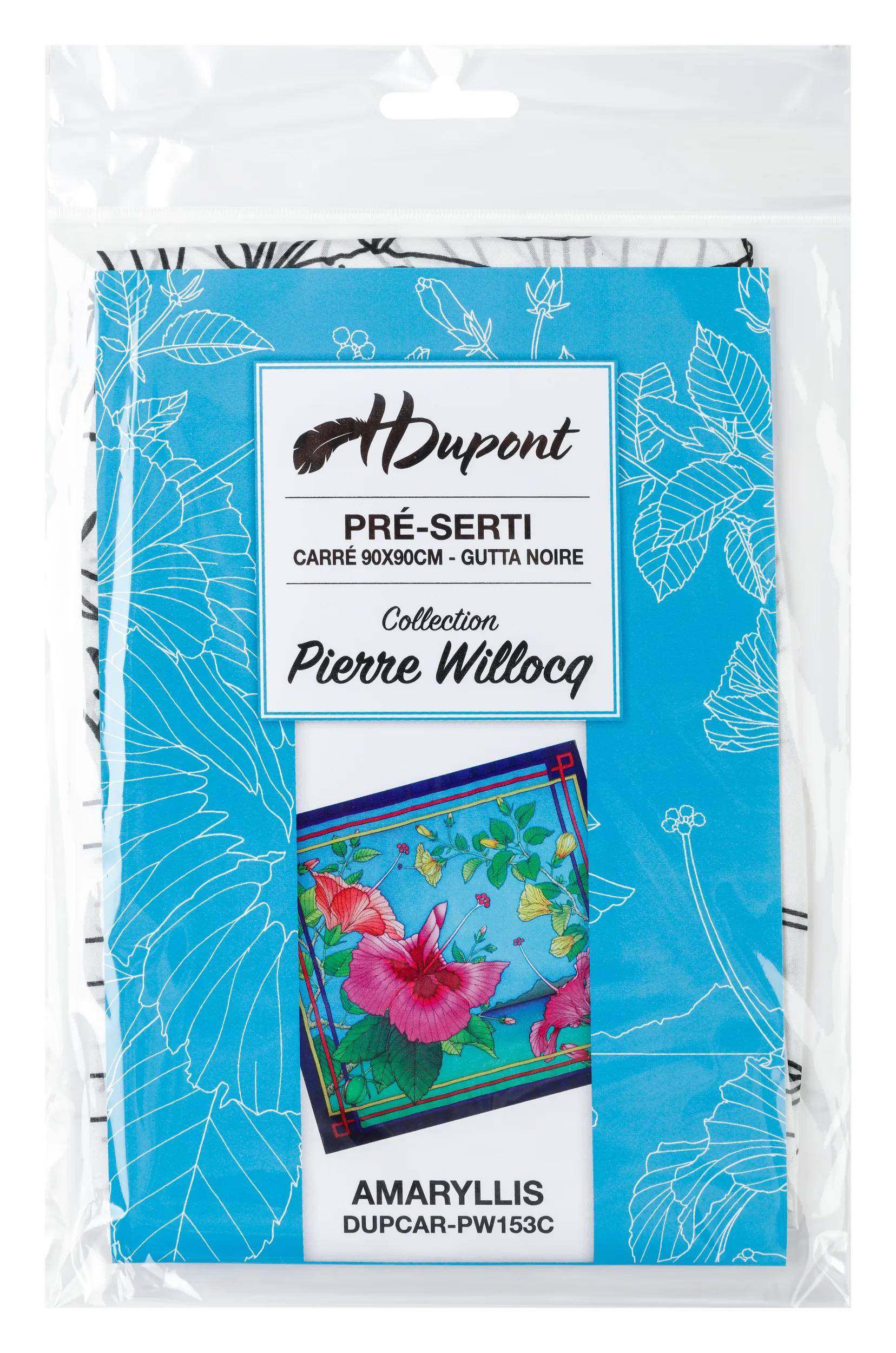 Verpackung für Dupont-Schal von Pierre Willocq, mit botanischen Illustrationen in Blau und einer farbenfrohen Blumendesign-Vorschau.