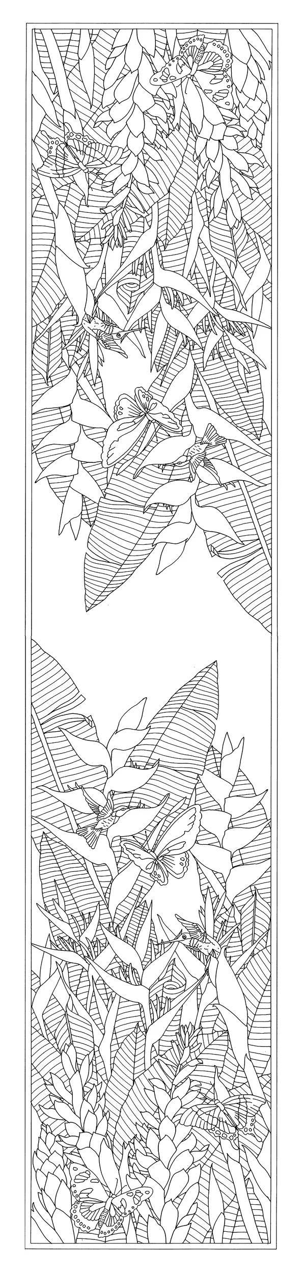 Illustration tropischer Blätter dekorativ angeordnet, mit großen überlappenden Mustern, die an allen Seiten einen Rahmen bilden. Kein Text vorhanden.