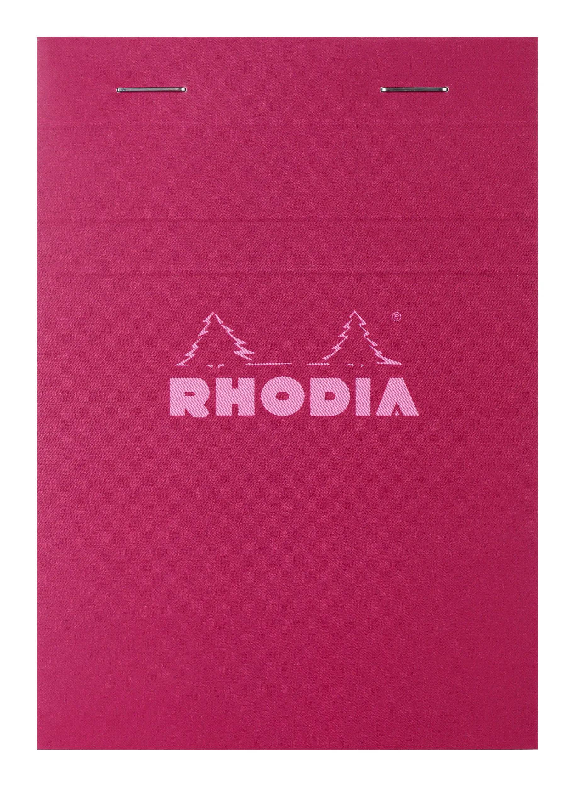 Rosa Rhodia-Notizbuchcover mit zwei Metallspiralbindungsstiften oben und dem zentrierten „RHODIA