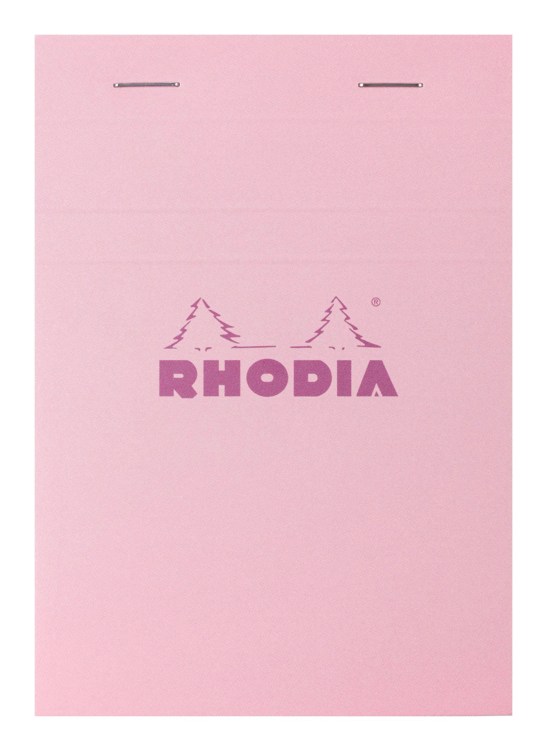 Rosa Rhodia-Notizblockhülle mit zwei Metallheftern oben und zentriertem "RHODIA""-Logo mit zwei Baum-Symbolen.