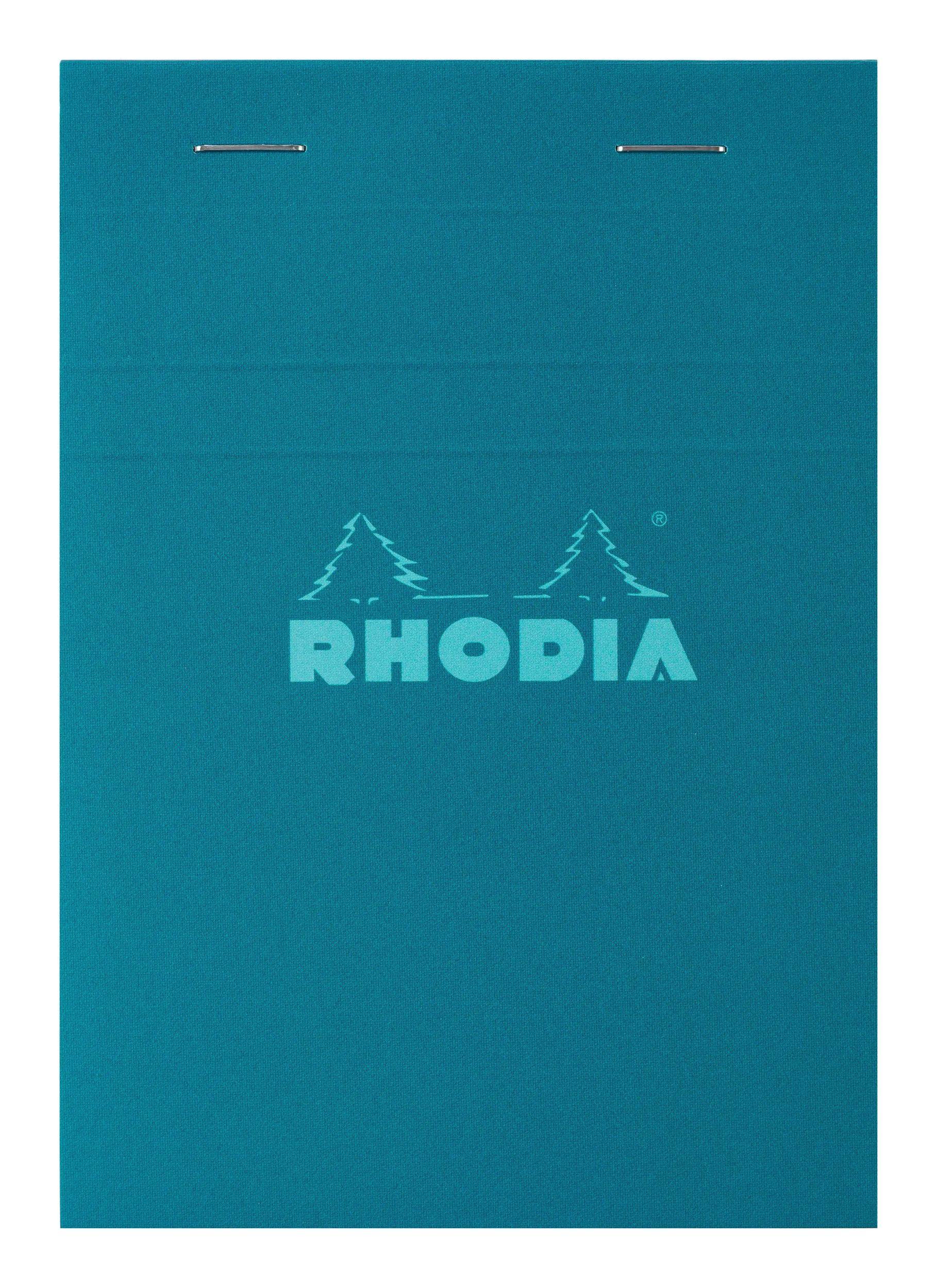 Tealfarbener Rhodia-Notizblockunschlag mit dem Logo "RHODIA"" und zwei Baumillustrationen, die oben in der Mitte zentriert angeordnet sind.