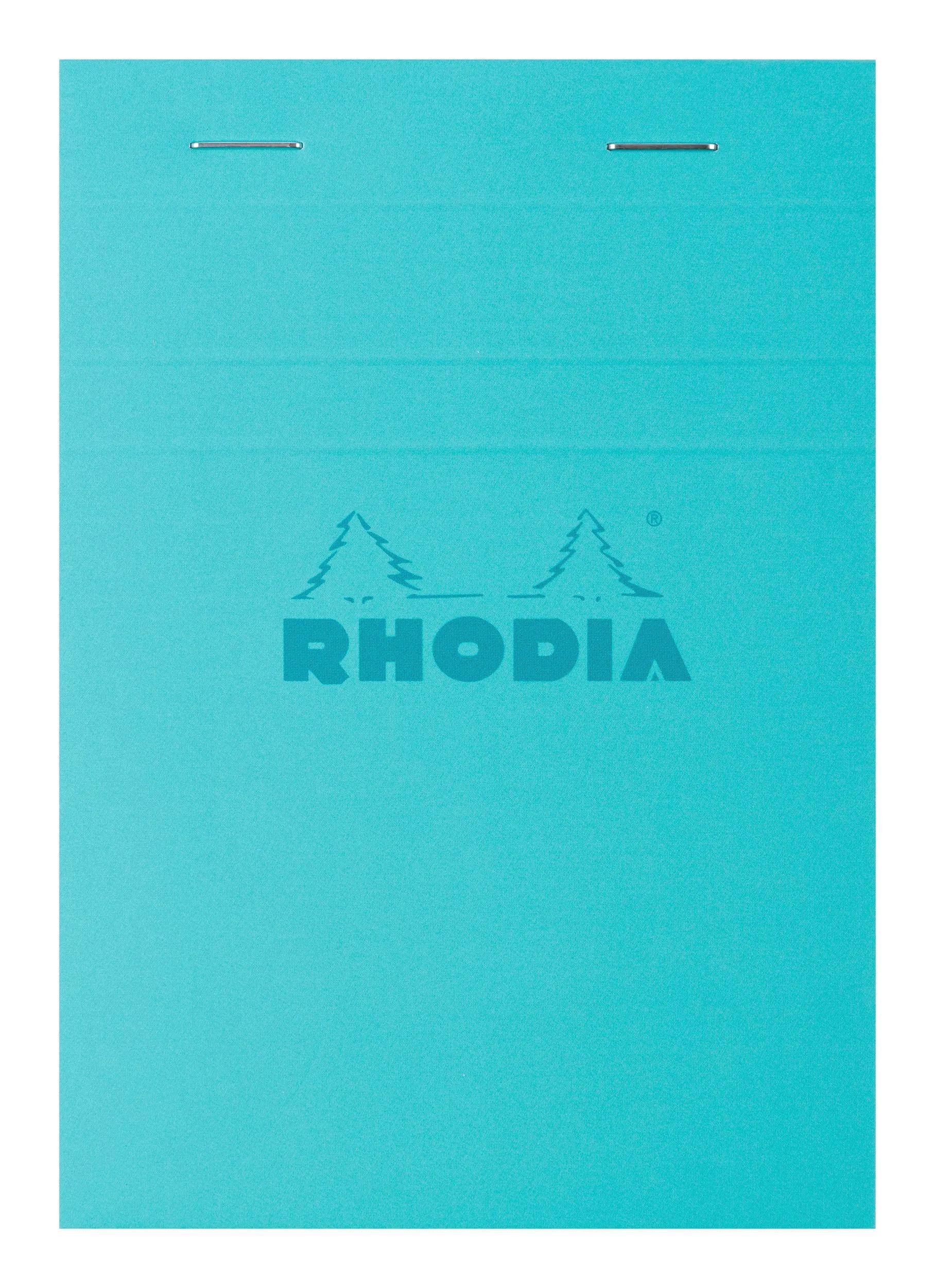 Türkisfarbener RHODIA Notizblockumschlag mit zwei Metallspiralbindungen oben und dem zentral angebrachten Rhodia-Logo auf der Vorderseite.