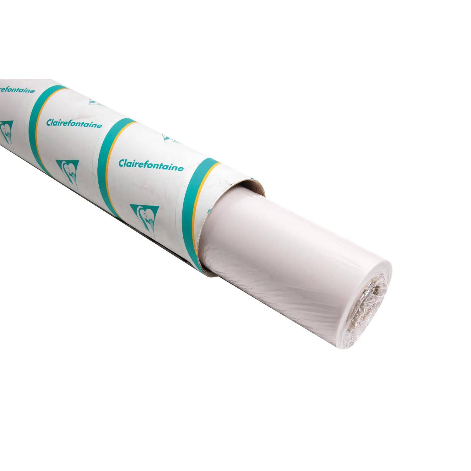Ein aufgerolltes weißes Papierblatt, das teilweise aus einer bedruckten Clairefontaine-Papierrolle ausgewickelt ist, auf weißem Hintergrund dargestellt.