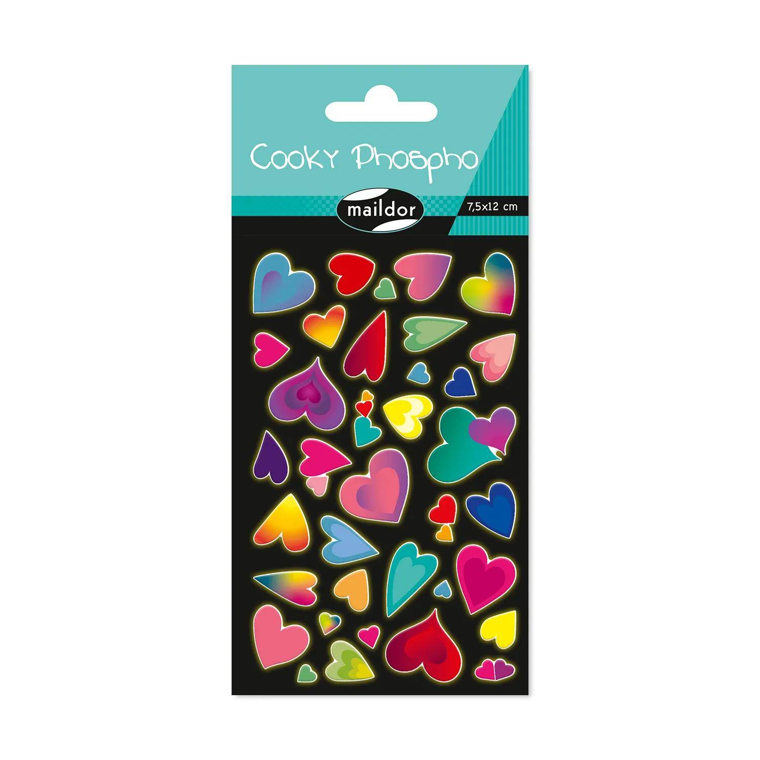 Maildor 10x Cooky Phospho, 1 Stickerbogen 7,5x12cm, Herzen - Mehrfarbig CY162C