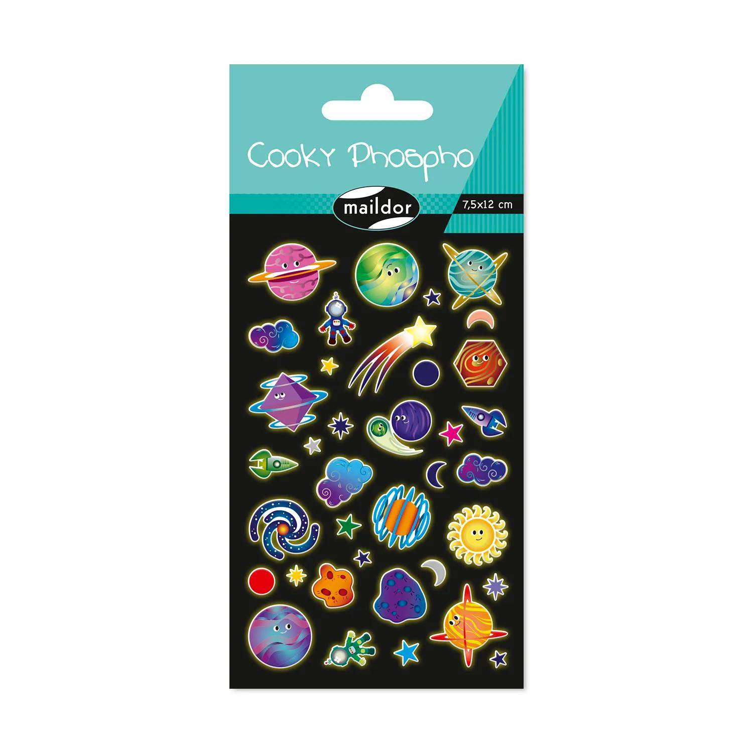 Maildor 10x Cooky Phospho, 1 Stickerbogen 7,5x12cm, Planeten Mehrfarbig CY163C