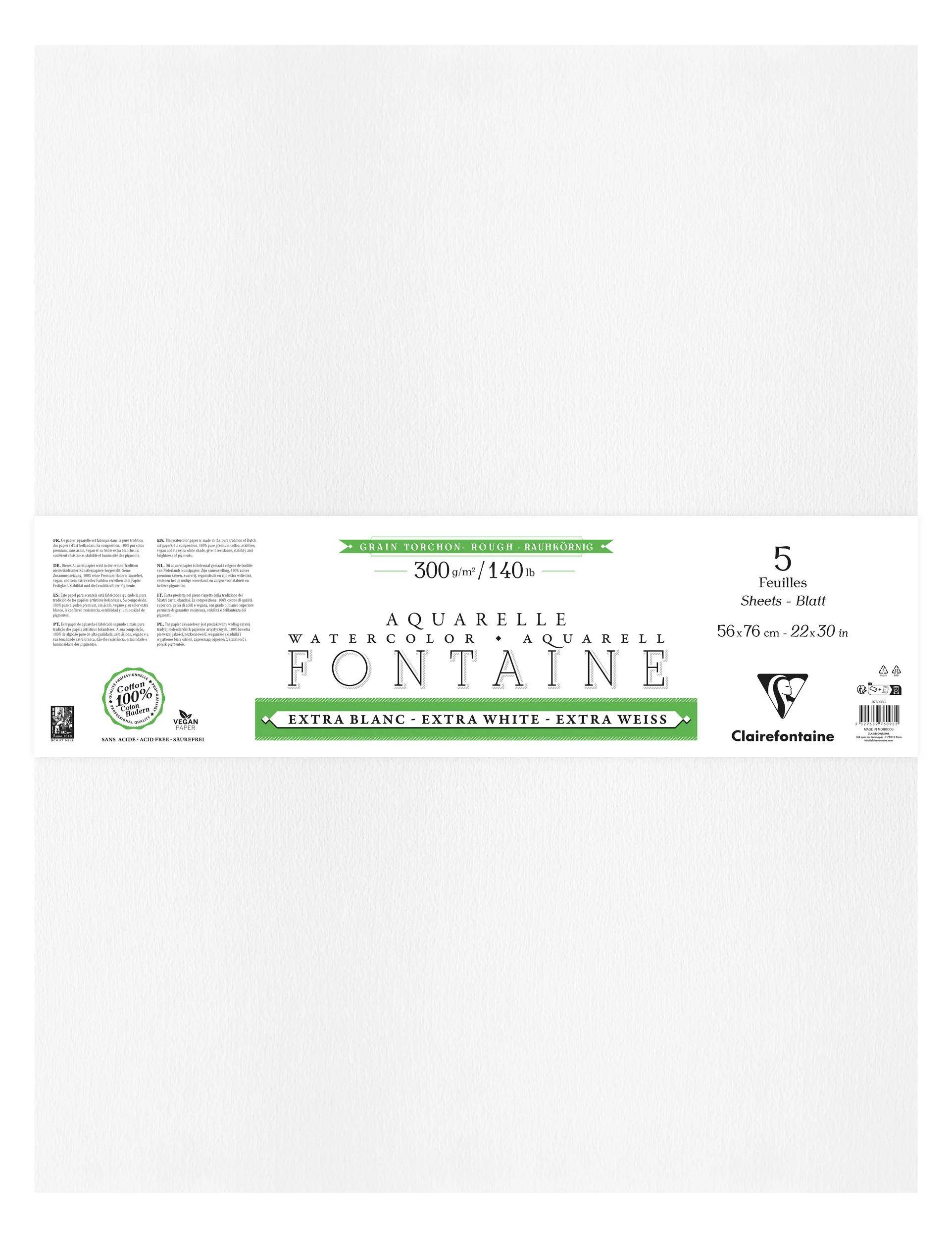Clairefontaine Fontaine Extraweiß Torchon/rau, Pack 5 Bogen 56x76cm 300g 976093C