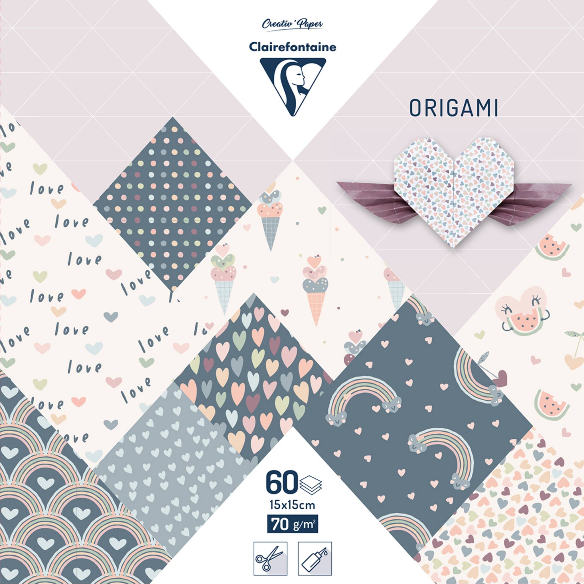 Clairefontaine 5x Origami,Pack 15x15 cm 60 Bl 70g, Little Love Mehrfarbig 95356C