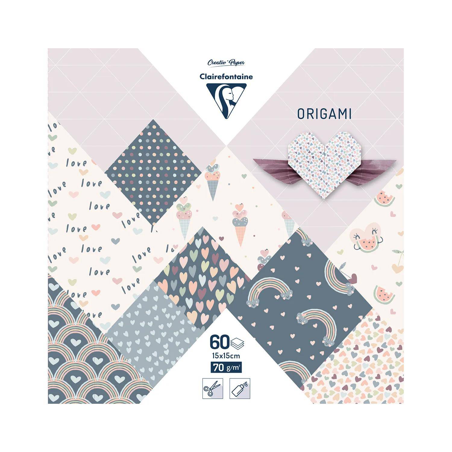 Clairefontaine 5x Origami,Pack 15x15 cm 60 Bl 70g, Little Love Mehrfarbig 95356C