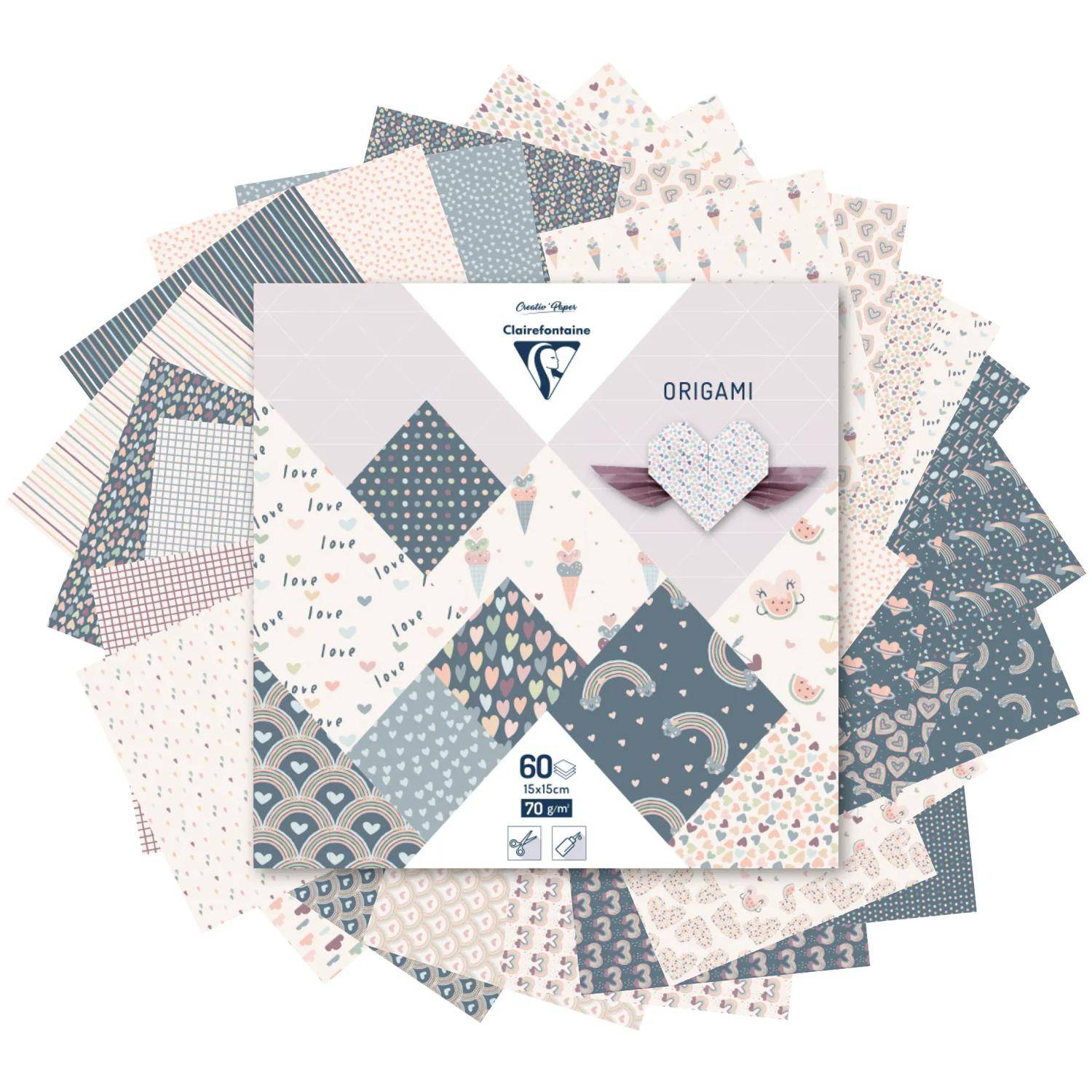Clairefontaine 5x Origami,Pack 15x15 cm 60 Bl 70g, Little Love Mehrfarbig 95356C