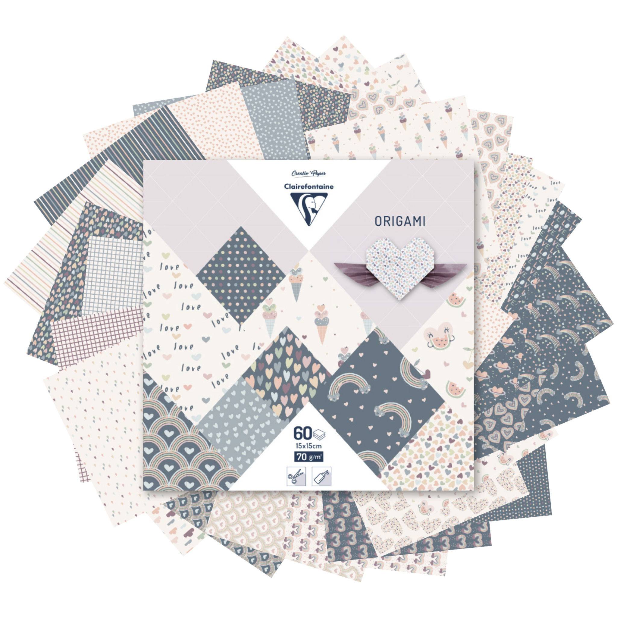 Clairefontaine 5x Origami,Pack 15x15 cm 60 Bl 70g, Little Love Mehrfarbig 95356C