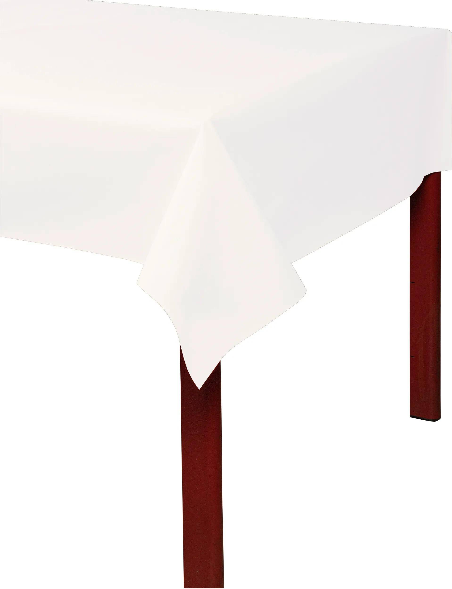 Eine Ecke eines Tisches, der mit einer schlichten weißen Tischdecke bedeckt ist, wobei ein Teil der roten Tischbeine sichtbar ist.