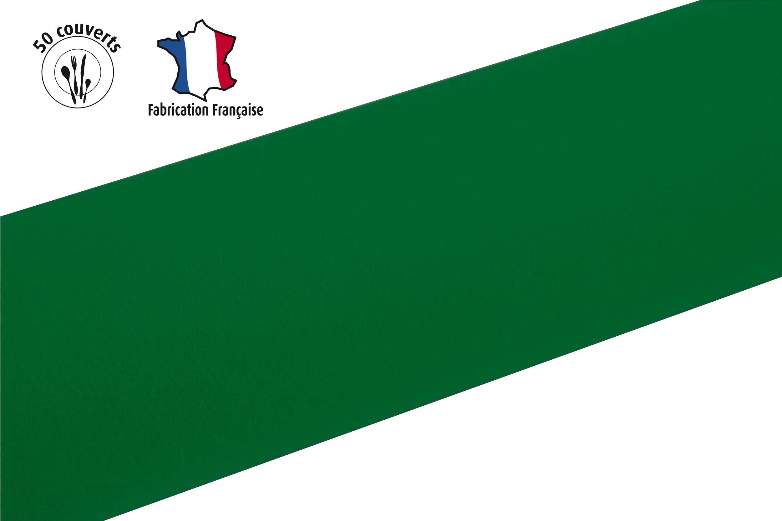 Hergestellt in Frankreich' Text mit Frankreichkarte und Flagge, grüner rechteckiger Hintergrund, Logo in der oberen linken Ecke.