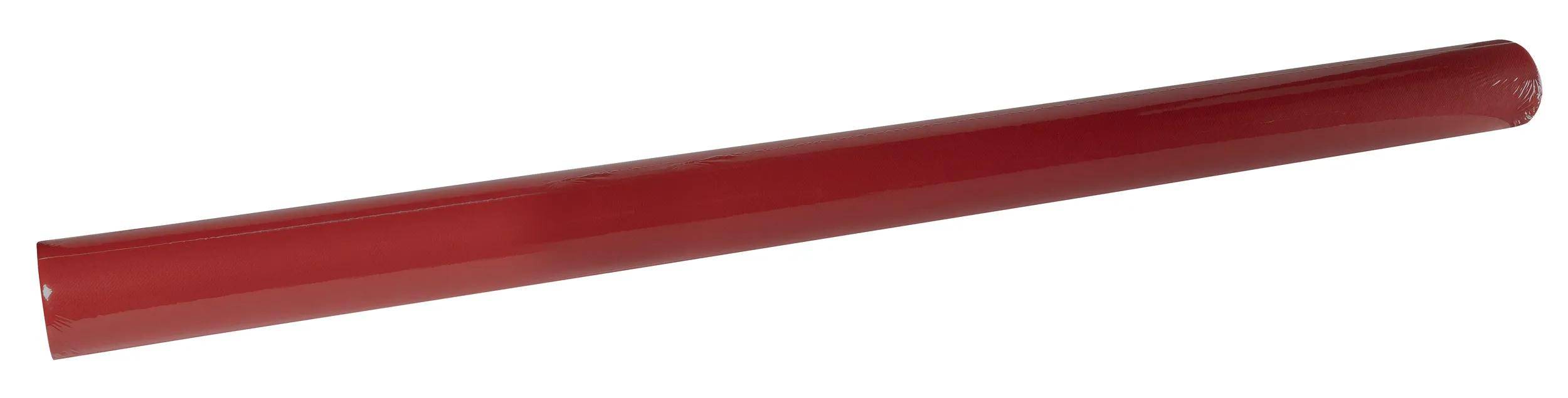 Ein glänzendes rotes zylindrisches Objekt mit glatter Oberfläche, vermutlich eine Rolle aus glänzend beschichtetem Papier oder Film vor weißem Hintergrund.