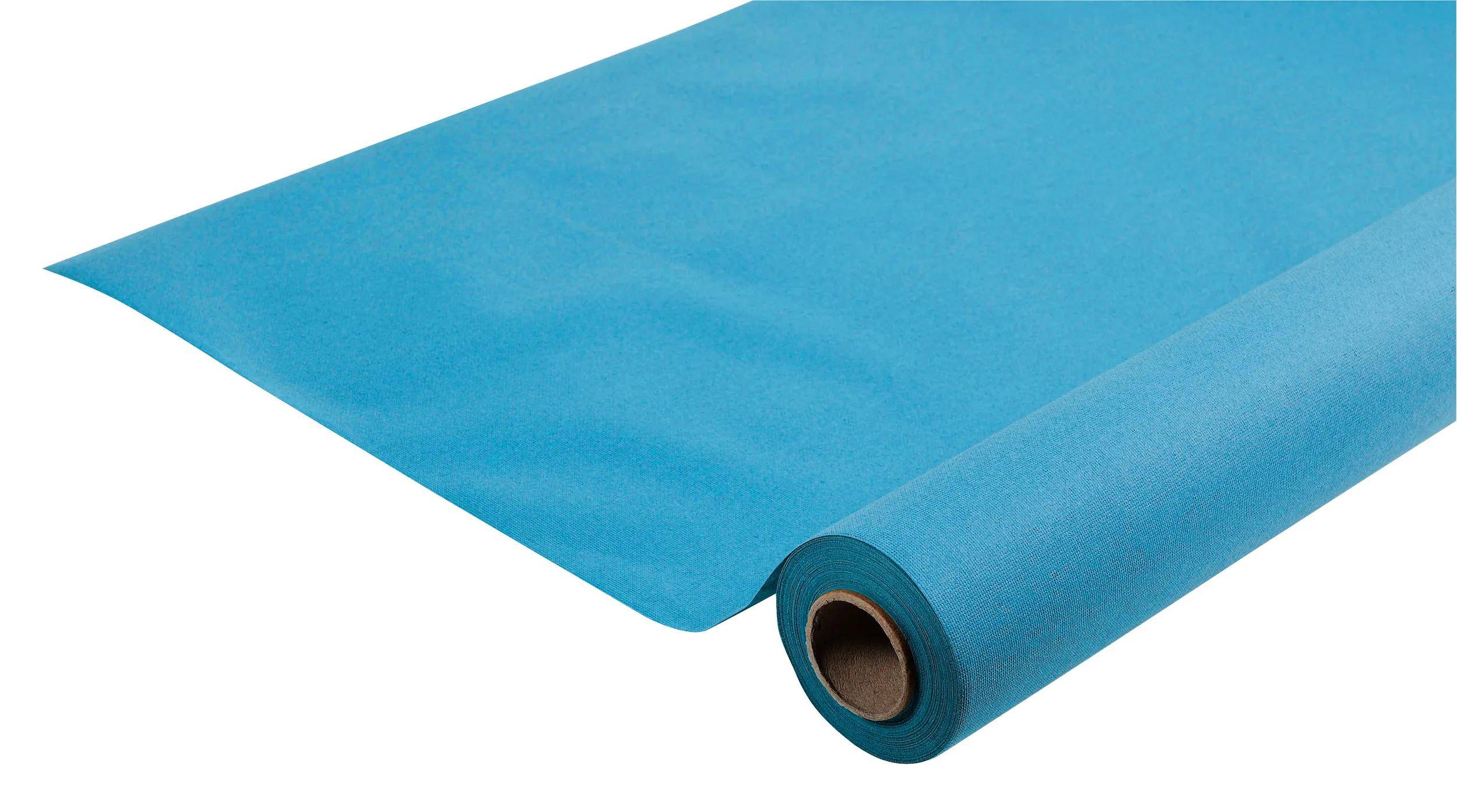 Eine Rolle aus blauem Stoff, teilweise abgerollt, zeigt die Textur und Farbe.