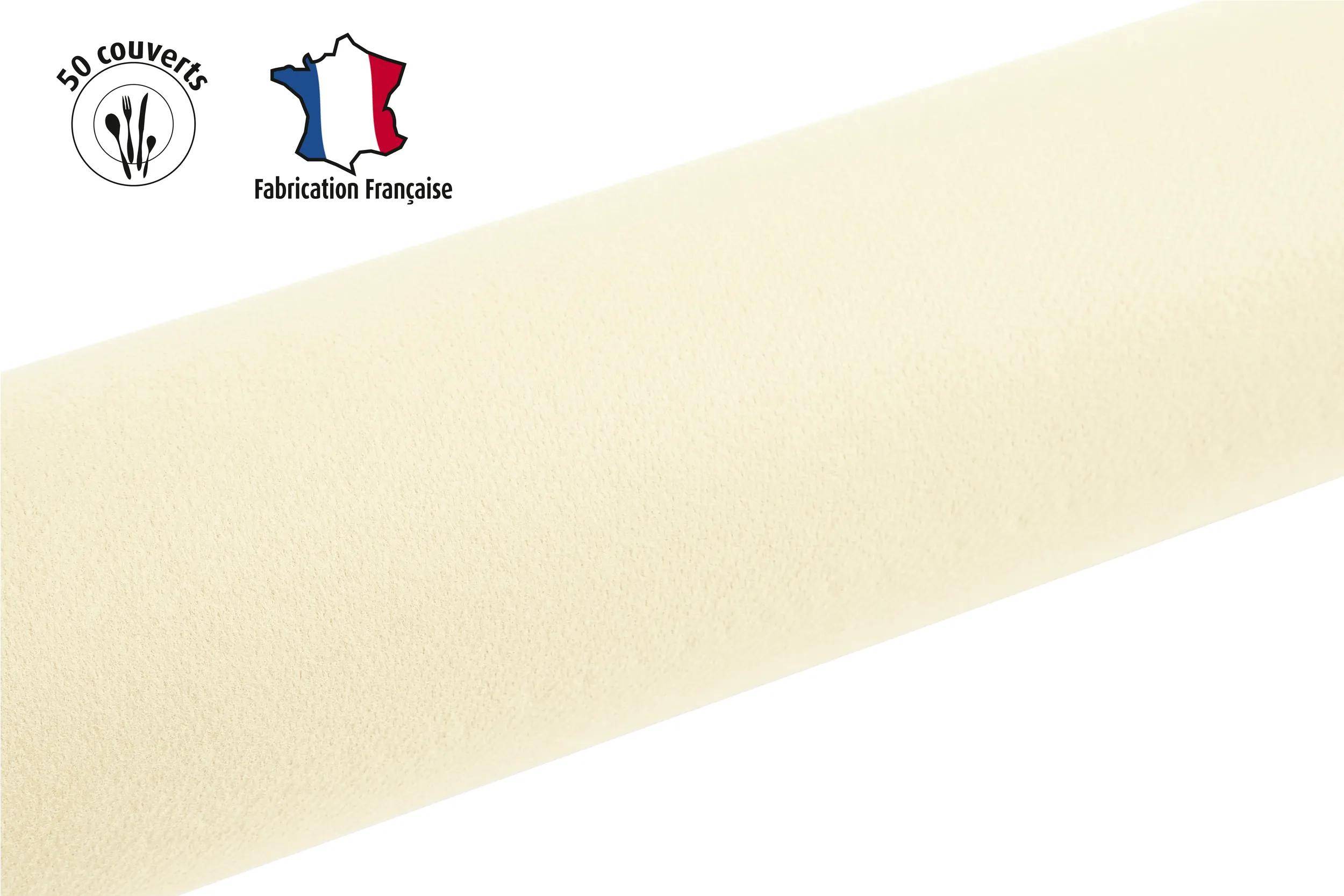 Eine cremige, weiche Stofftextur mit einem Logo „Fabrication Française