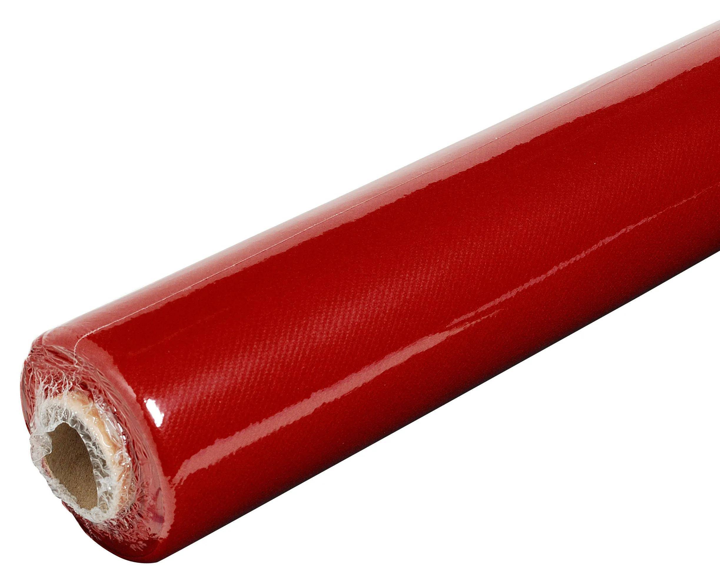 Rote glänzende Rolle Vinyl-Folie, zylindrische Form, glatte Oberfläche, reflektierend. Geeignet zum Abdecken von Oberflächen zu Dekorationszwecken.