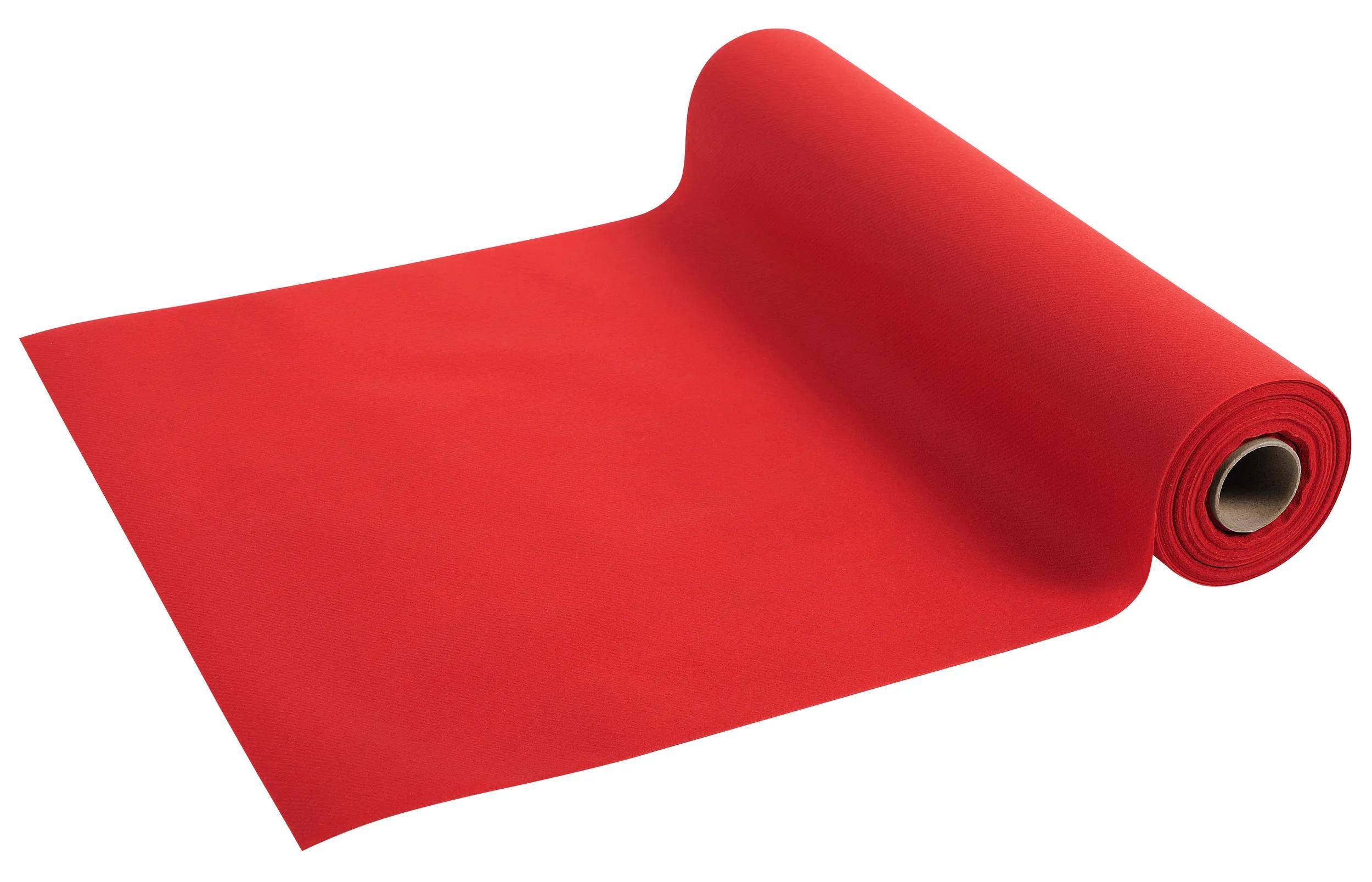 Eine große Rolle rotes Papier entrollt sich und zeigt eine glatte, lebendige Oberfläche, die darauf hindeutet, dass sie zum Einwickeln oder für handwerkliche Arbeiten bereit ist.