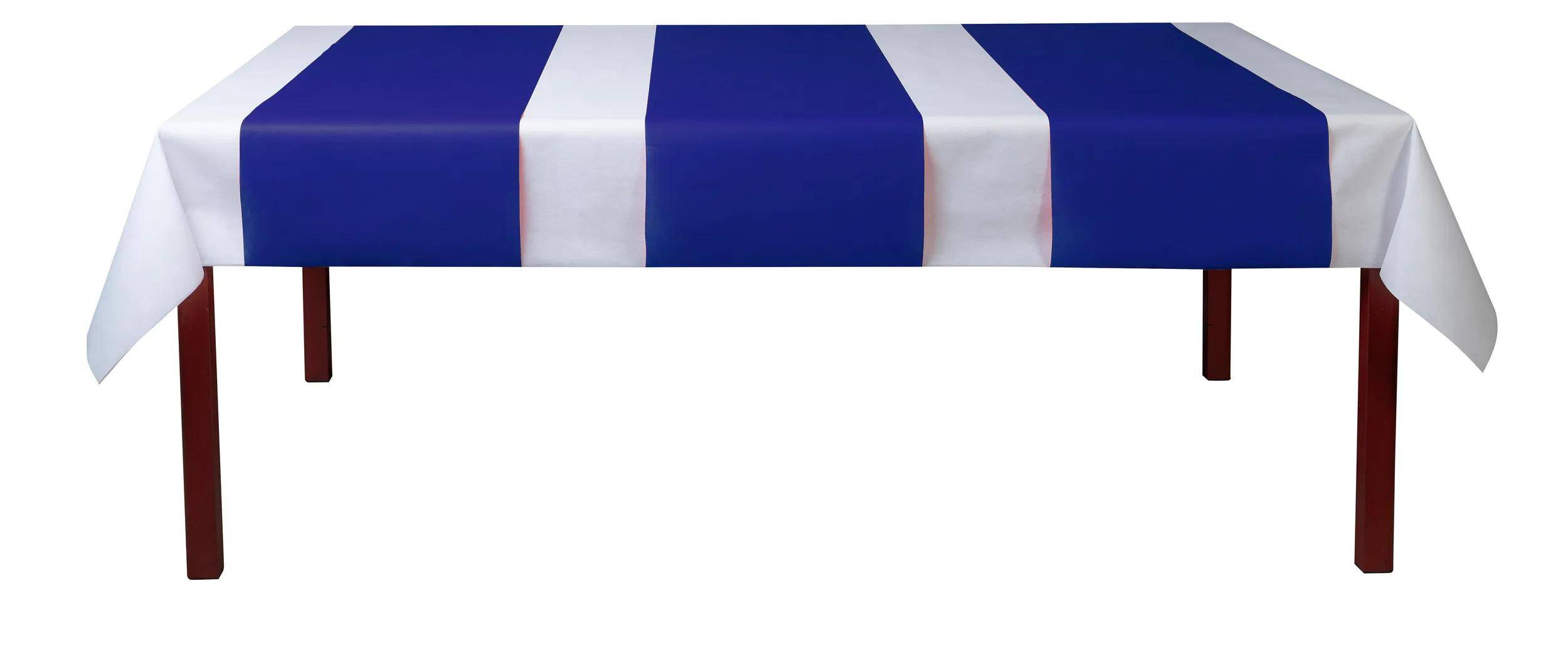 Blaues Band mit vertikalen weißen Streifen auf rotem Hintergrund.