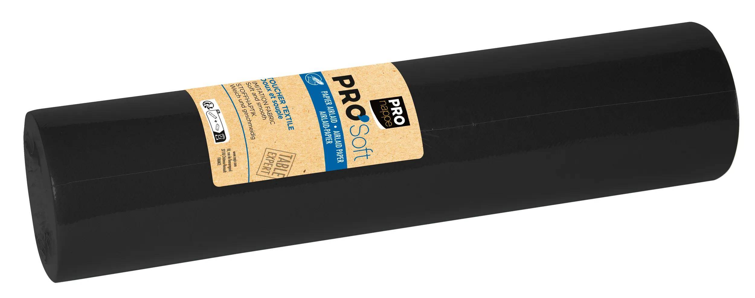 Schwarze Papiertischdeckenrolle mit der Bezeichnung ProSoft, die Wasserbeständigkeit und Weichheit für vielseitigen Tischschutz und Dekoration hervorhebt.