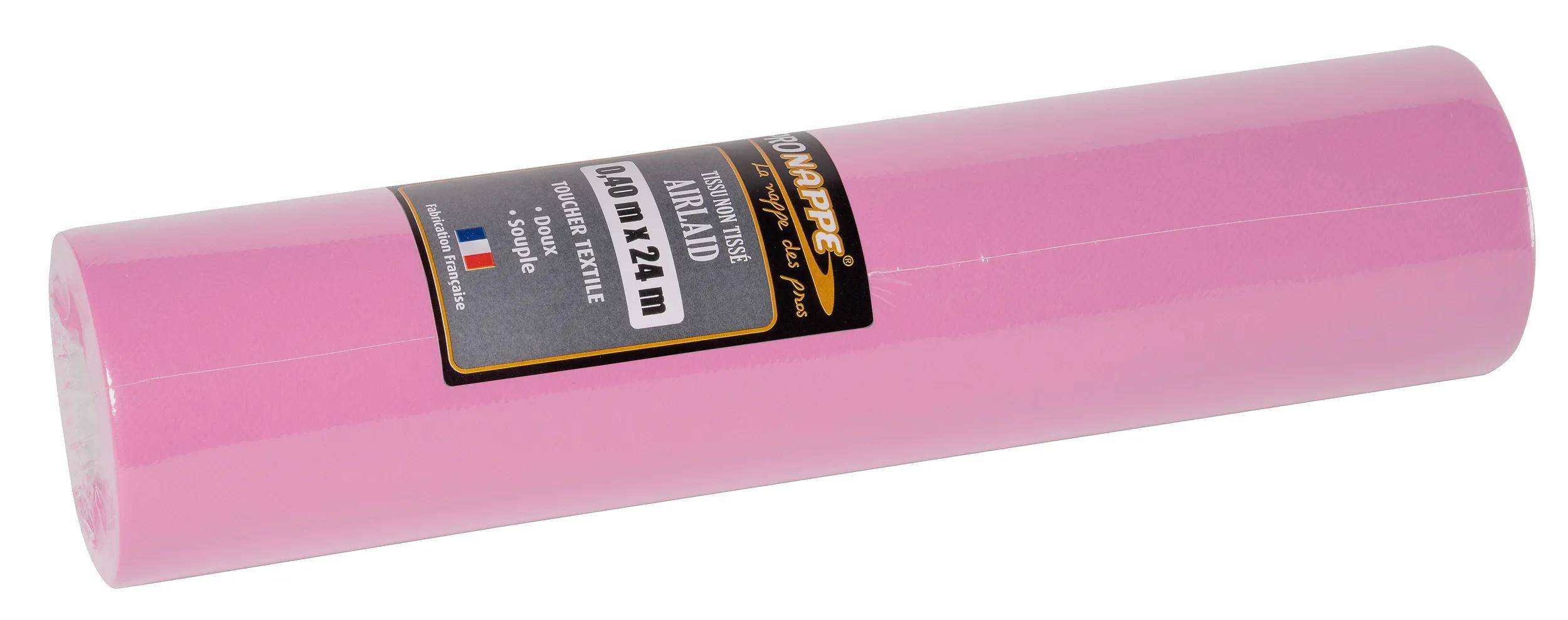 Rolle rosa Einweg-Tischdecke, 0,40m x 24m, mit Etikett 'Airlaid'.