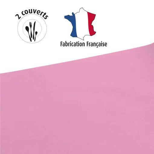 2 Gedeck' mit Besteck-Symbol, französische Karte in Rot, Weiß, Blau, mit der Aufschrift 'Fabrication Française' auf rosa Hintergrund.
