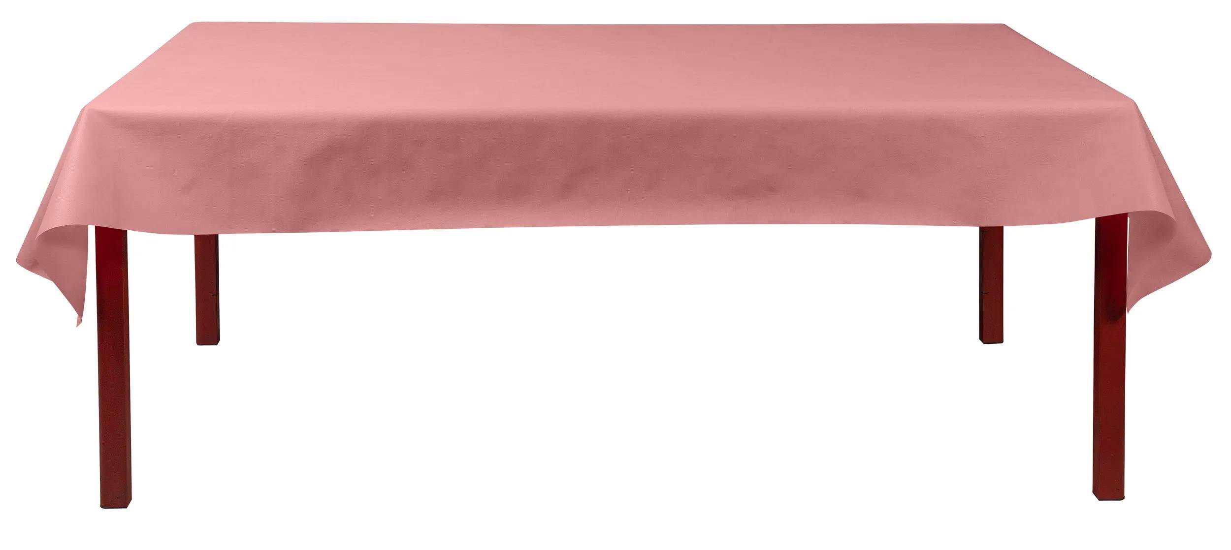 Ein rechteckiger Tisch mit einer rosa Tischdecke, von der Seite auf Augenhöhe betrachtet.