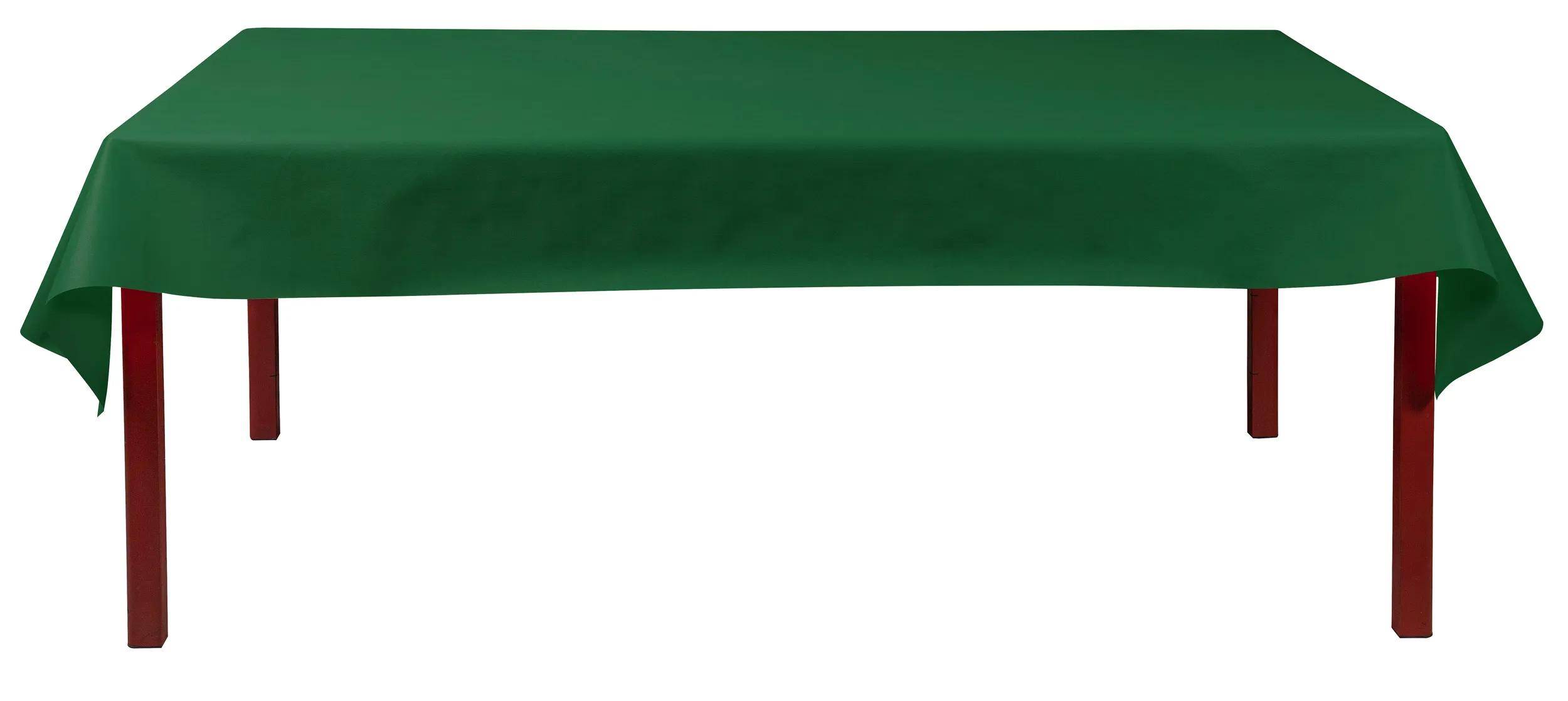 Ein langer rechteckiger Tisch, bedeckt mit einer schlichten, dunkelgrünen Tischdecke.