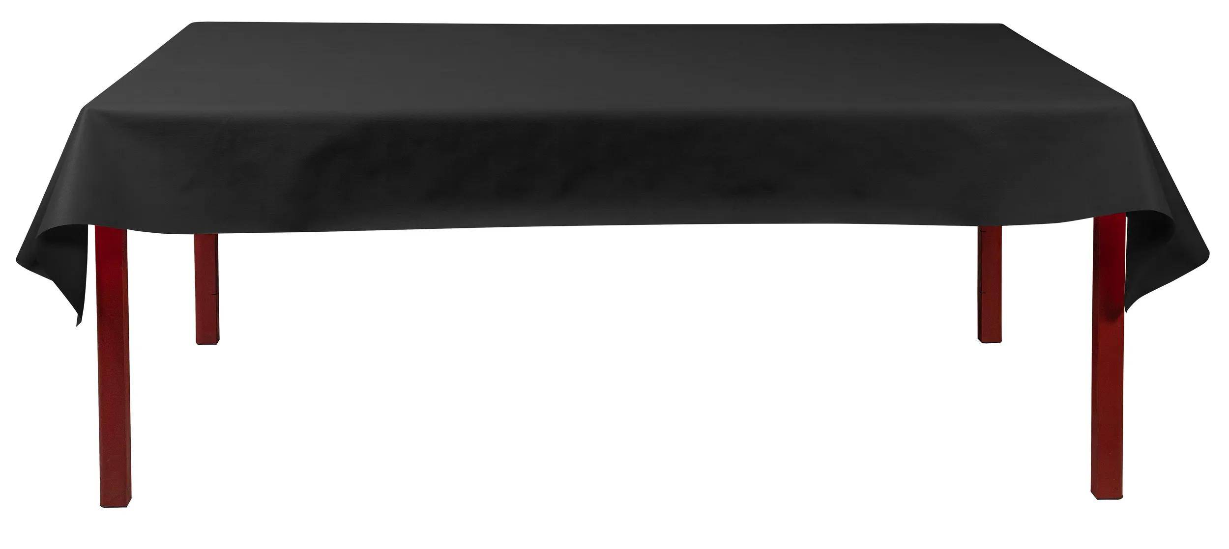 Ein langer, rechteckiger, schwarzer Tischläufer, der auf einer ebenen Oberfläche ausgebreitet und ordentlich gefaltet liegt.