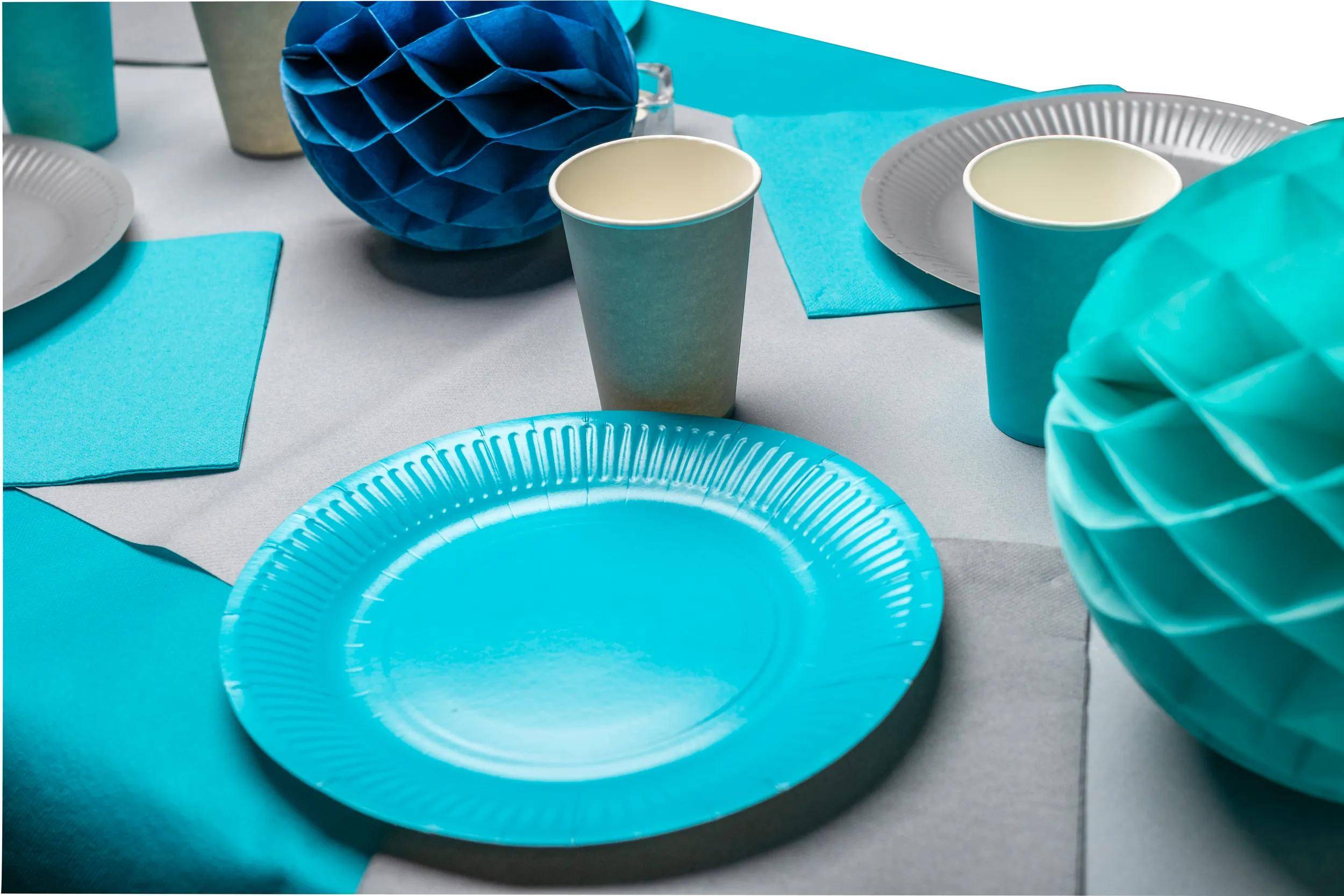 Blau-thematische Tischdeckung mit einem blauen Pappteller, einem weißen Pappbecher, einer blauen Serviette und einem dekorativen Papierkugel-Tischmittelpunkt.
