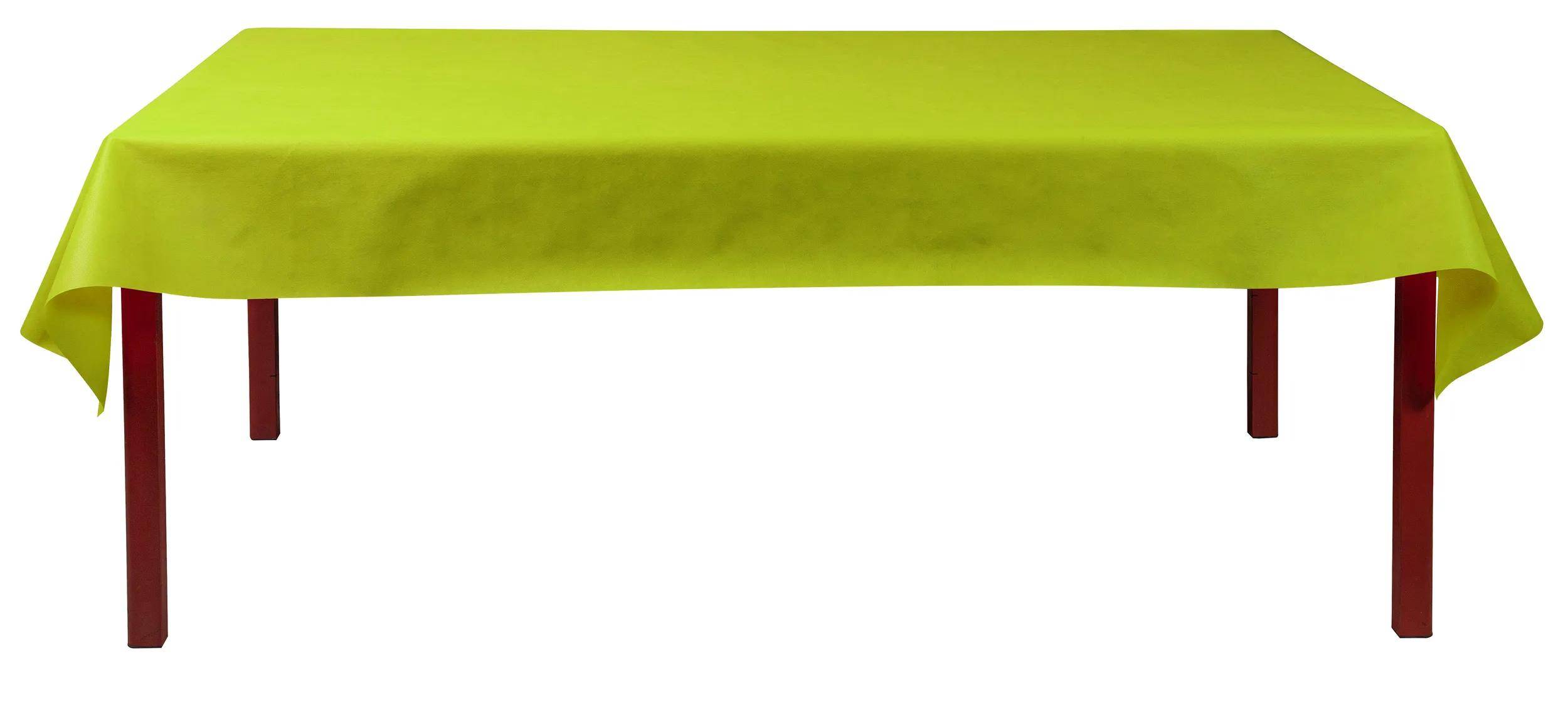 Eine hellgrüne Tischdecke bedeckt einen rechteckigen Tisch und betont dabei die glatte Stoffstruktur und lebendige Farbe.