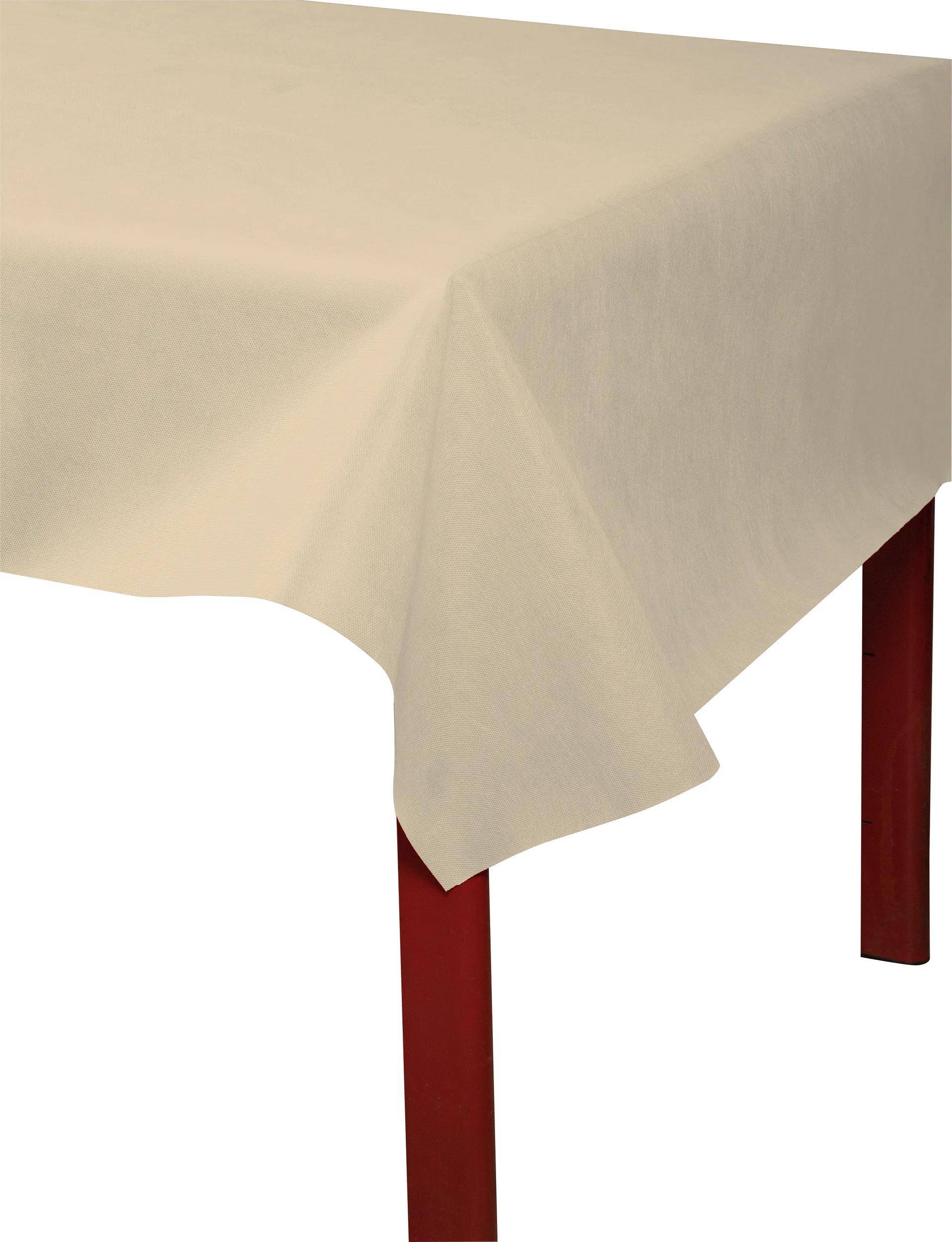 Ein beige Tischdecke, die über einem Holztisch mit sichtbaren roten Beinen hängt.