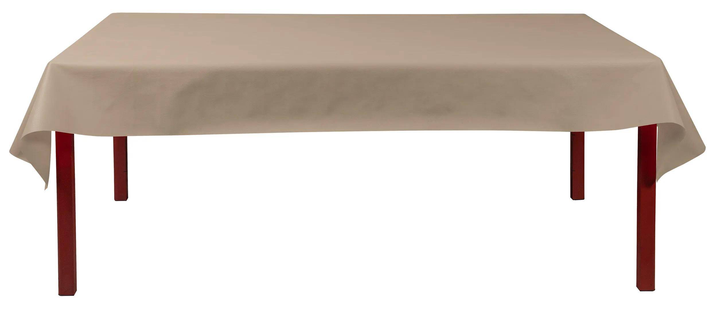 Ein rechteckiger, hellbrauner, mit Stoff bezogener Tisch mit schlichtem Design und ohne Gegenstände darauf.