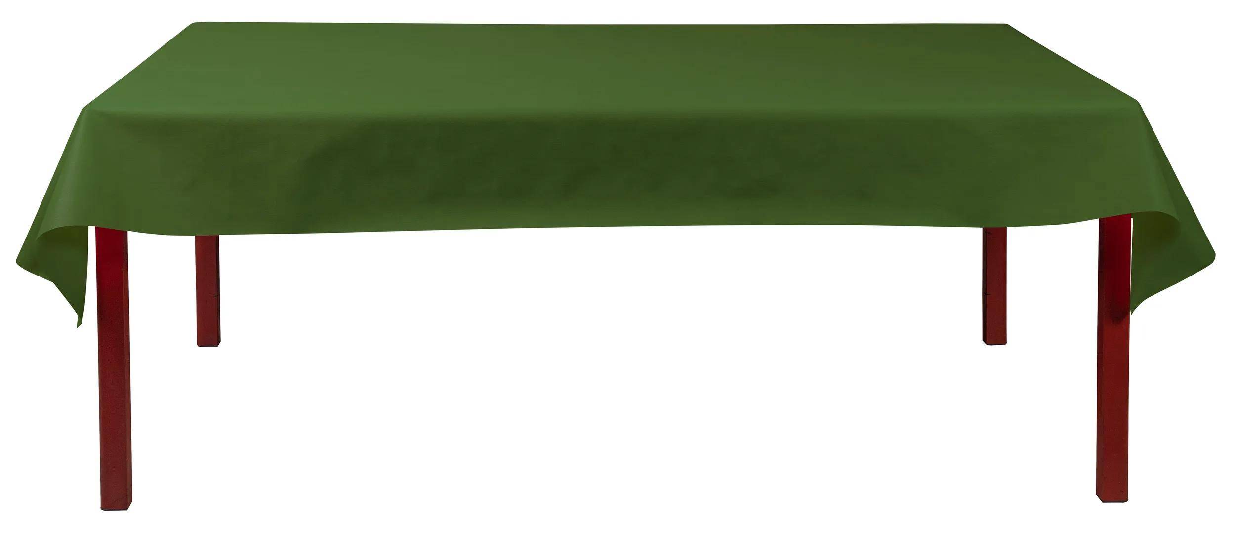 Eine grüne, rechteckige Tischdecke, die einen Tisch bedeckt, ohne sichtbare Umgebung oder Objekte auf der Oberfläche.